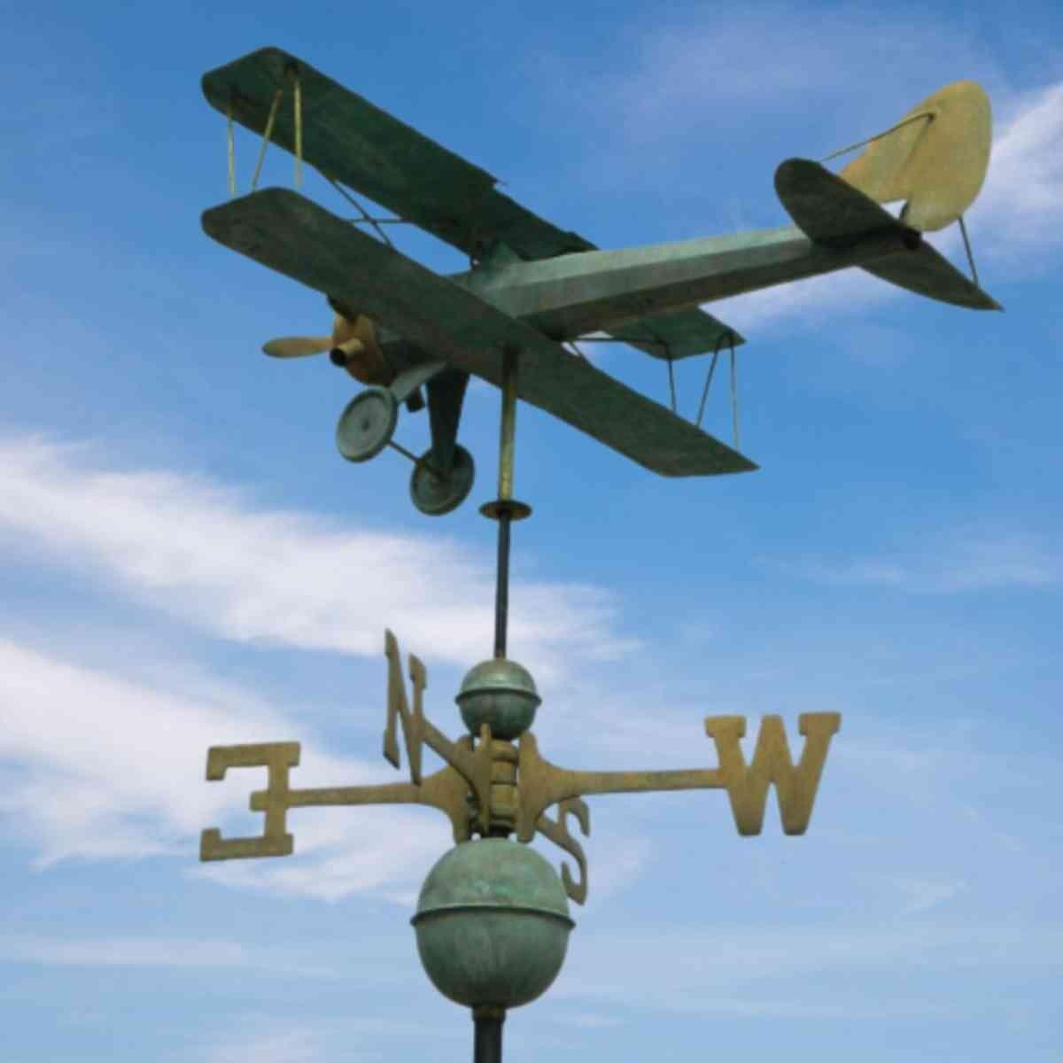 Large pure copper antique verdigris biplane weathervane