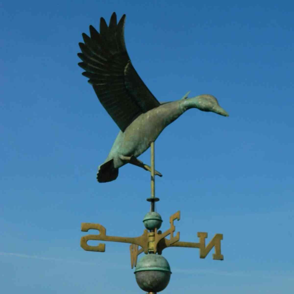 Large pure copper landing duck weathervane vintage aged verdigris