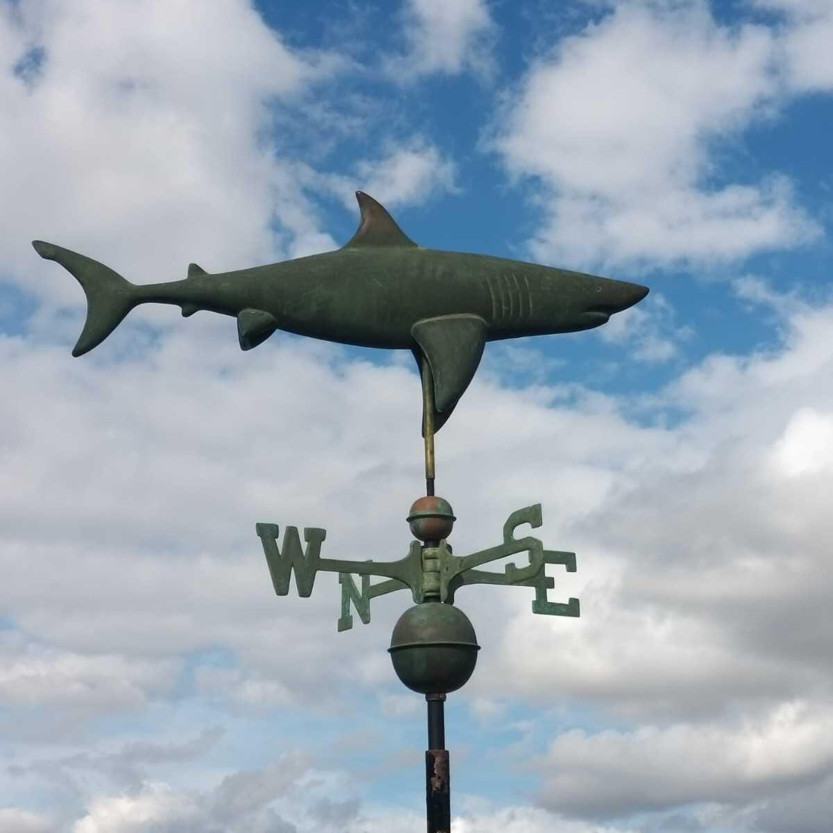 Large verdigris shark weathervane