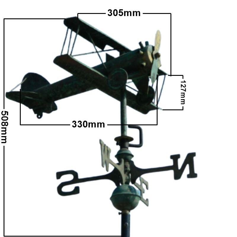 Medium hand crafted copper aged verdigris biplane weathervane