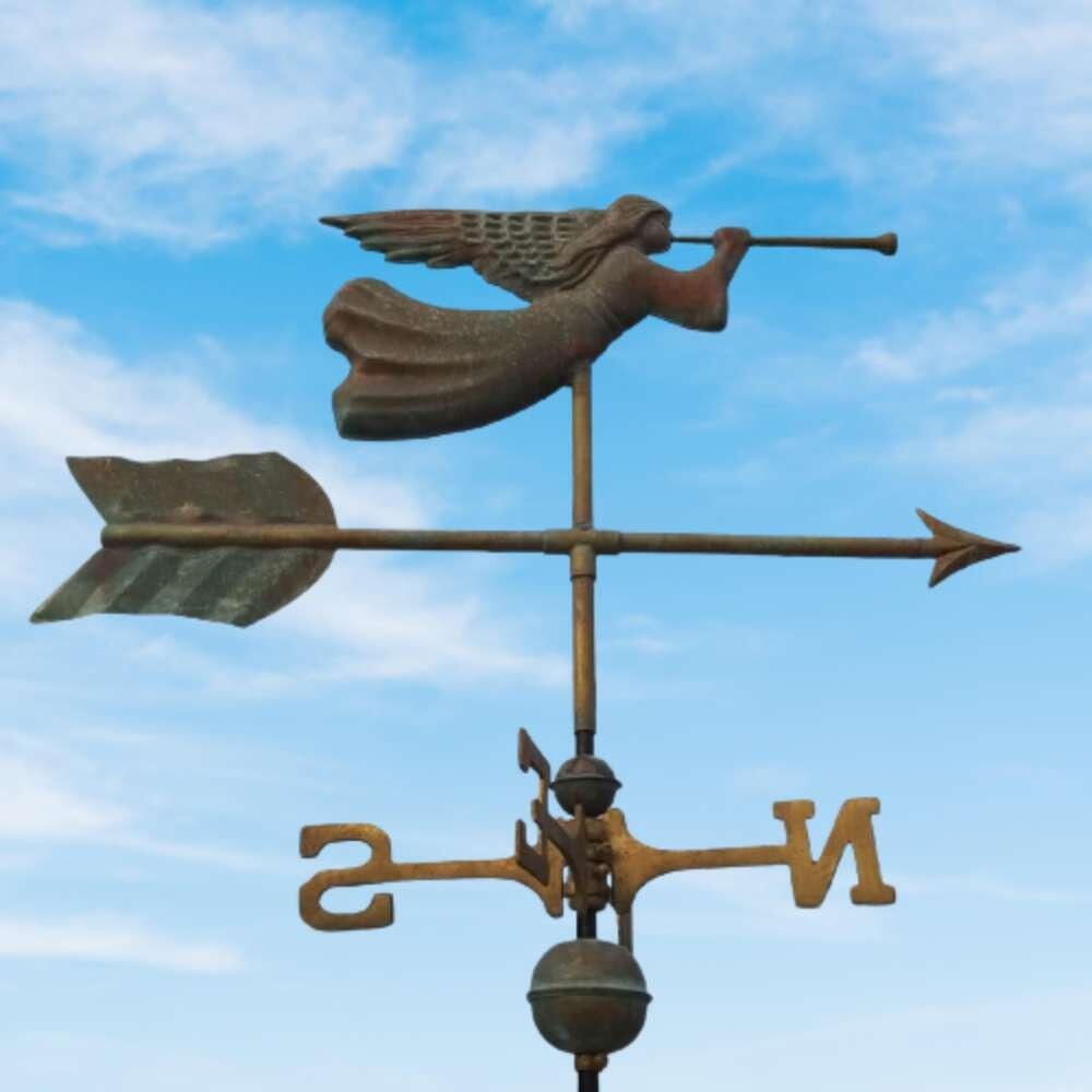 Angel verdigris weathervane fitted to a square ridge tile finial cap