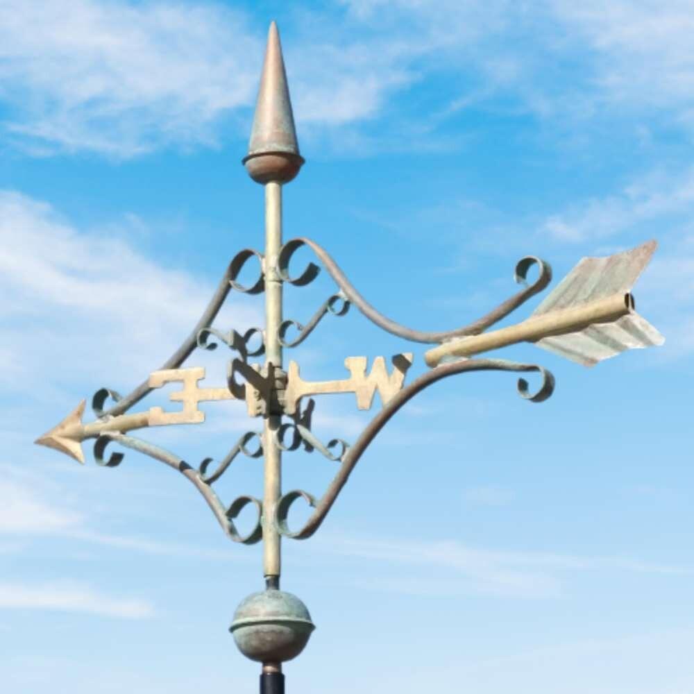 Victorian arrow verdigris weathervane fitted to a square ridge tile finial
