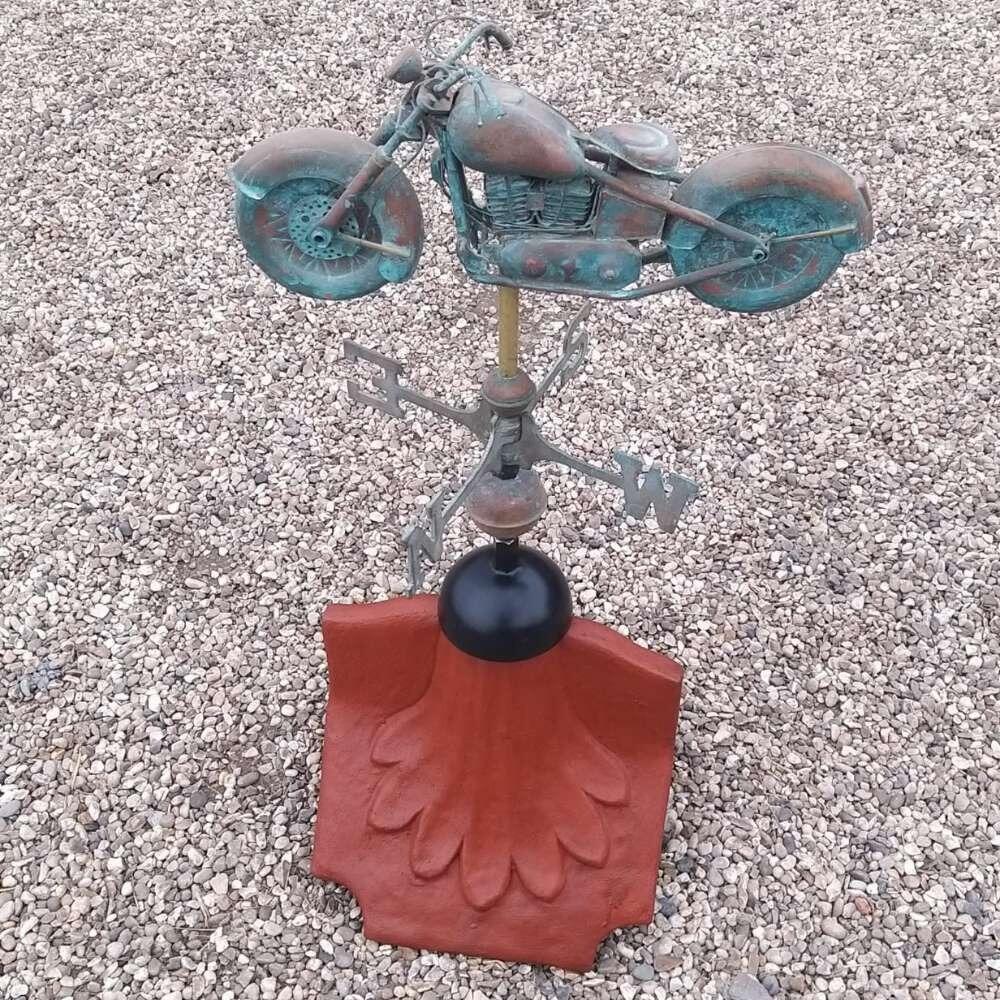 Motorbike verdigris weathervane on a ridge tile finial fitting with multiple angle options