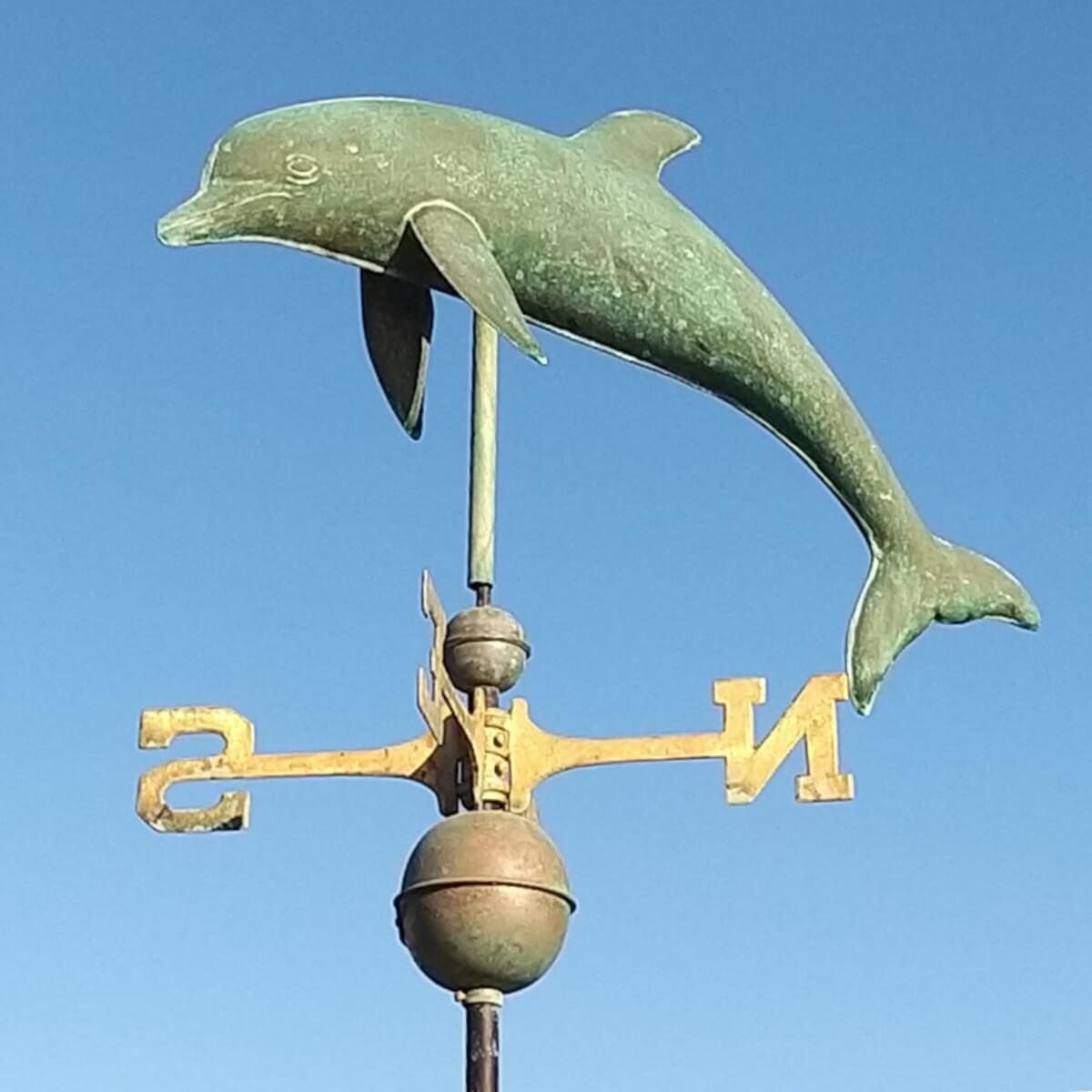 Large copper verdigris dolphin weathervane