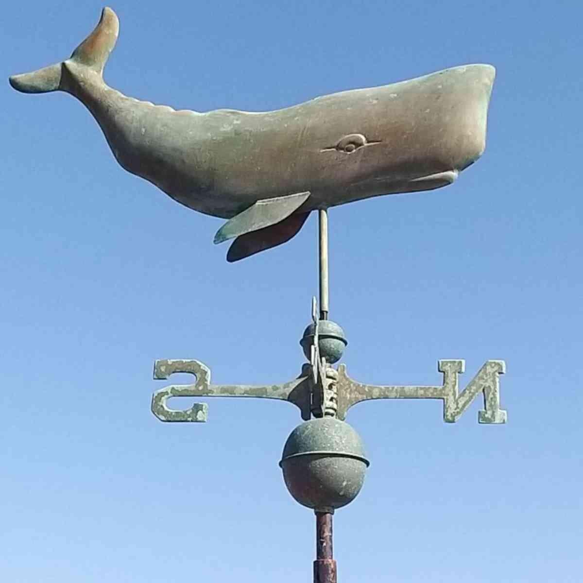 Large copper weathered whale weathervane