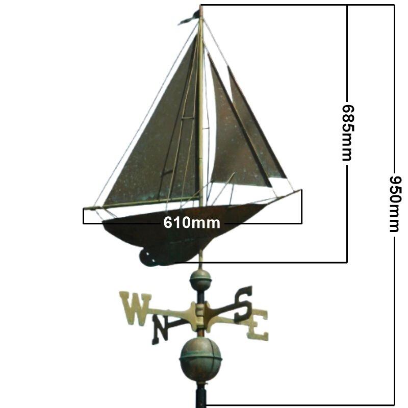 Large pure copper aged verdigris racing sloop weathervane