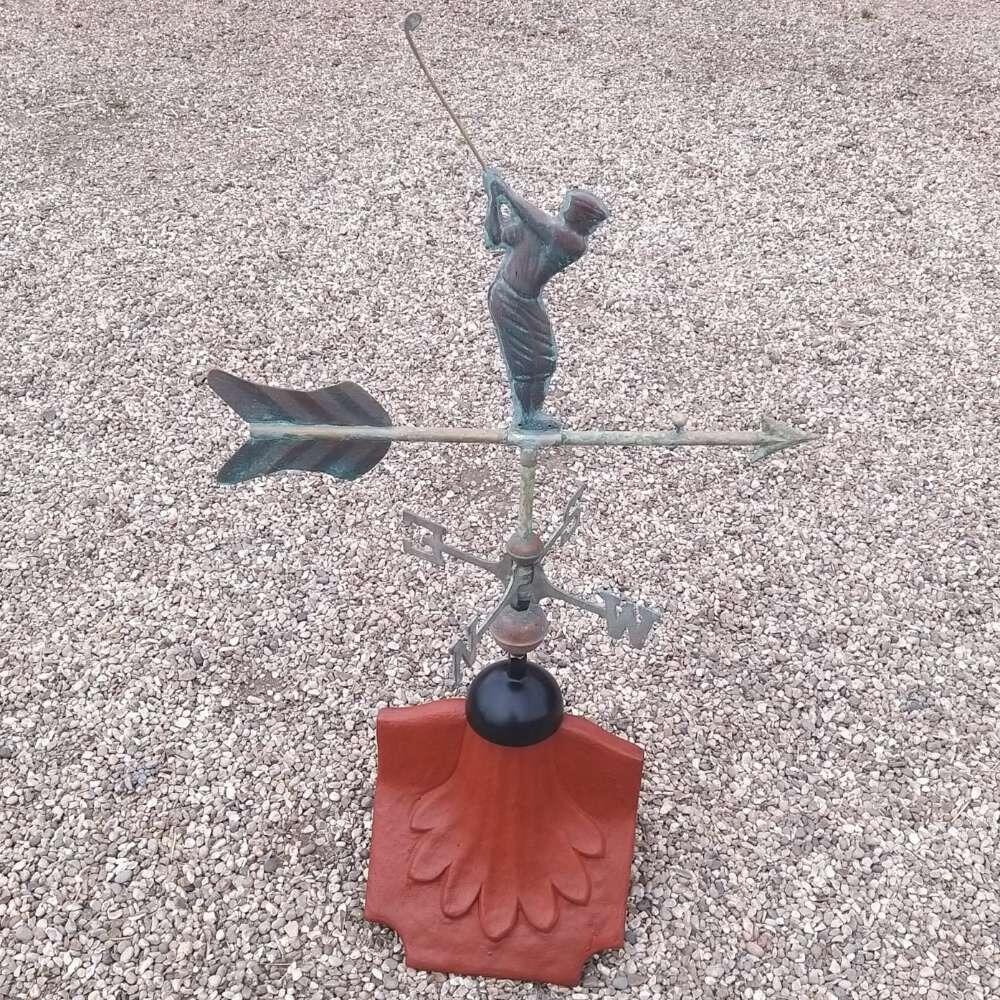 Golfer verdigris weathervane fitted on a ridge tile finial fitting with multiple angle options