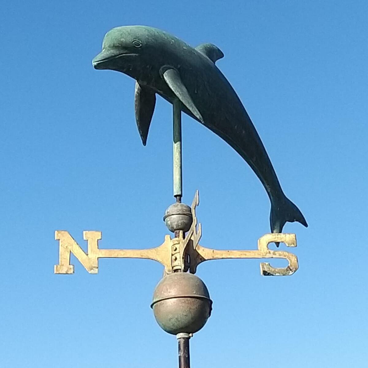 Large copper verdigris dolphin weathervane