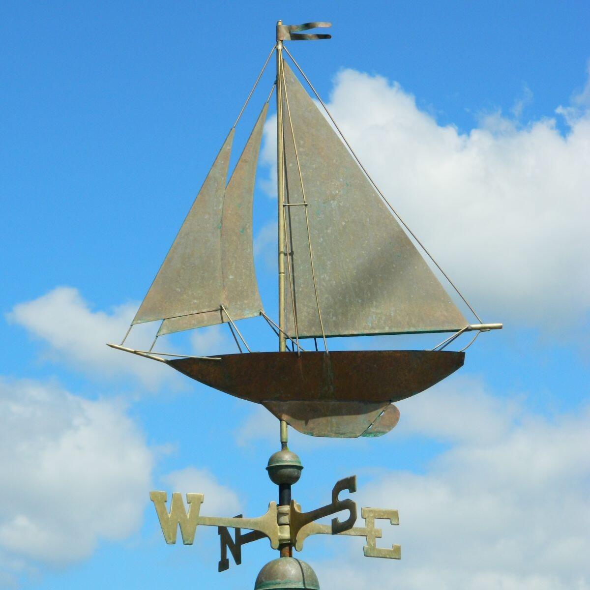 Large pure copper aged verdigris racing sloop weathervane