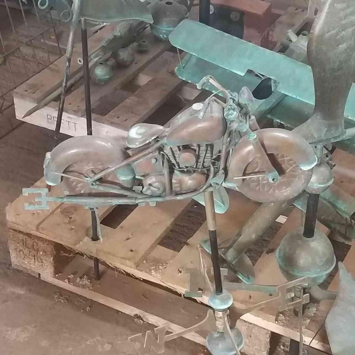 Medium aged copper motorcycle weathervane