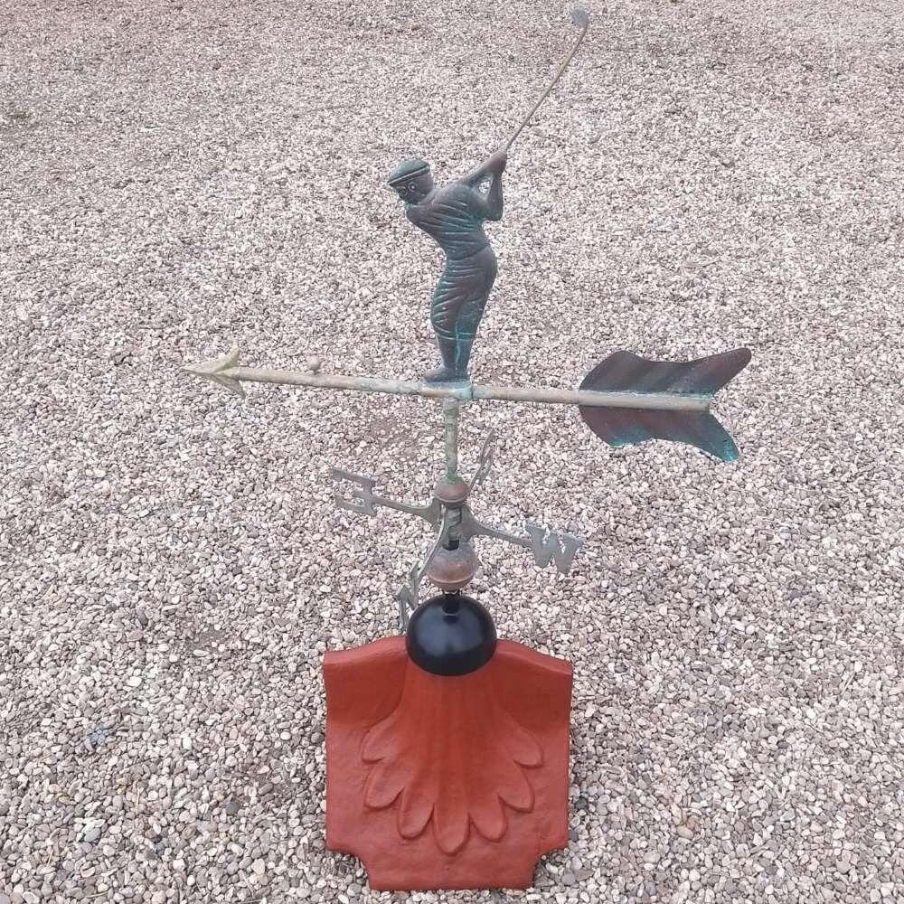 Golfer verdigris weathervane fitted on a ridge tile finial fitting with multiple angle options