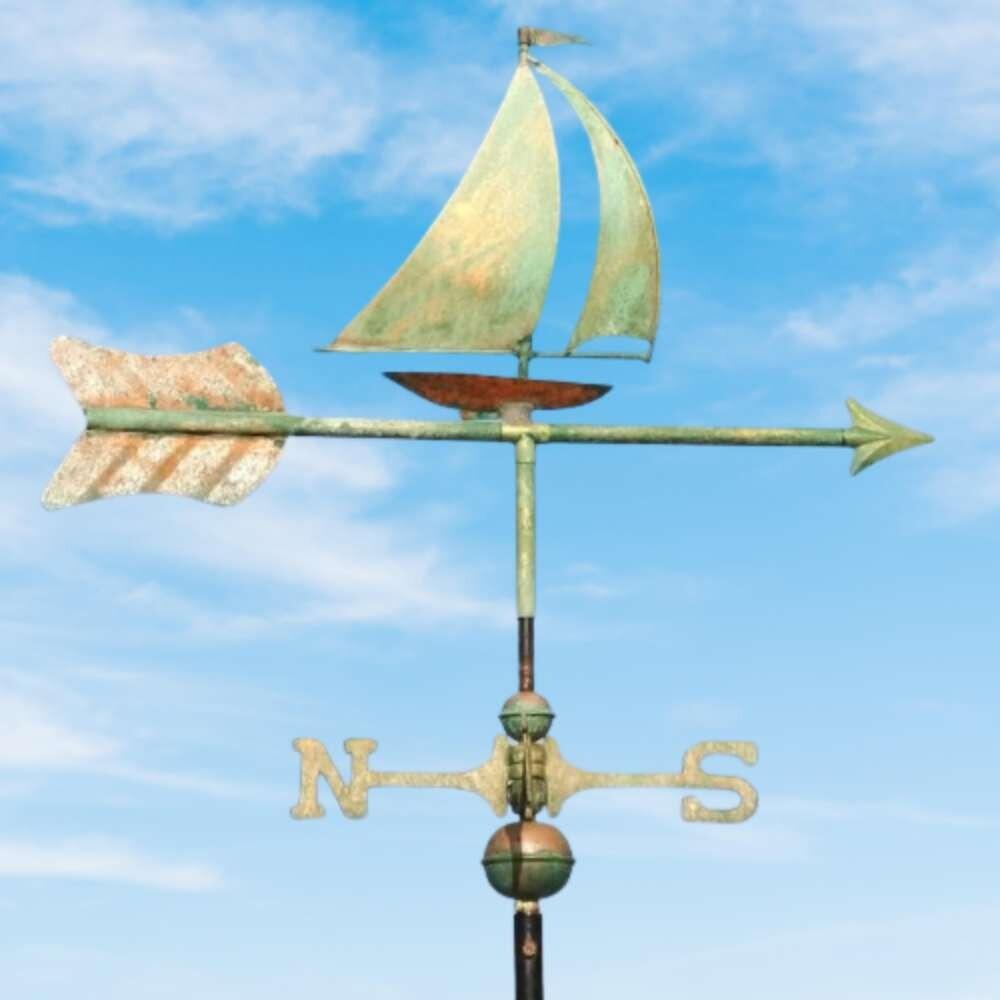 Sailboat verdigris weathervane on a ridge tile finial fitting with multiple angle options
