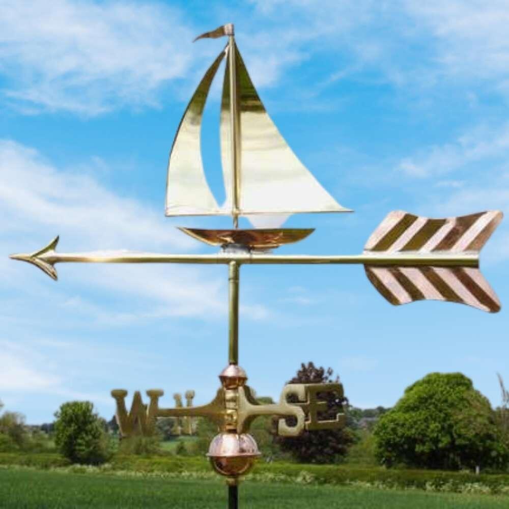 Sailboat weathervane installed on a ridge tile finial fitting with multiple angle options