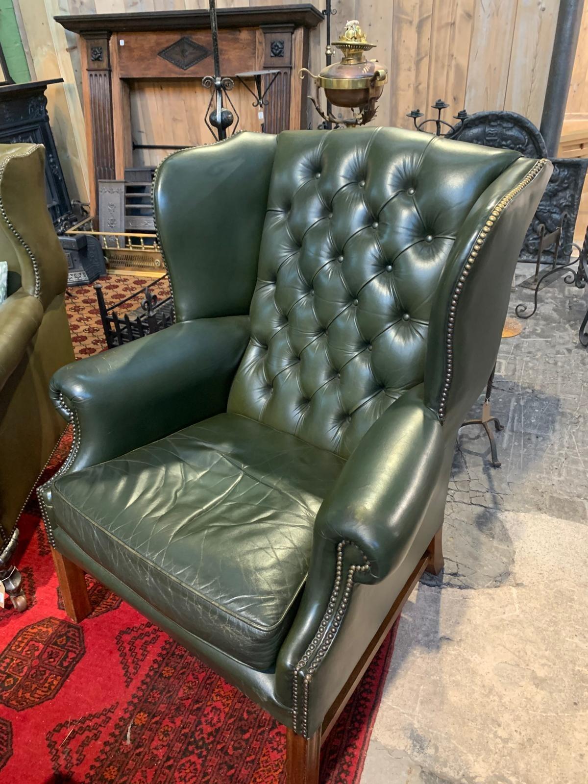 Deep Green Leather Wingback Chair