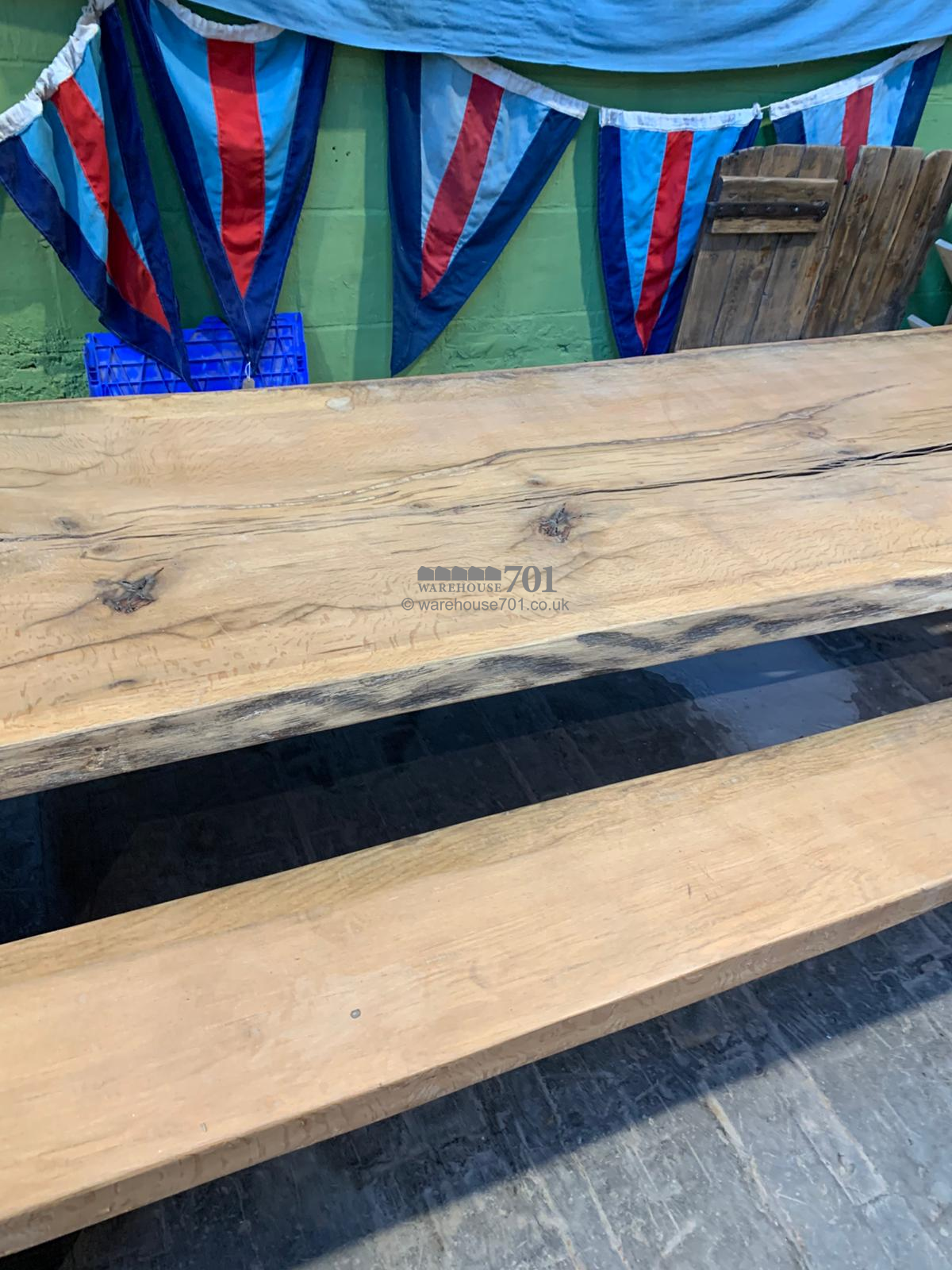 701 Original 3.5m single oak slab table with matching bench