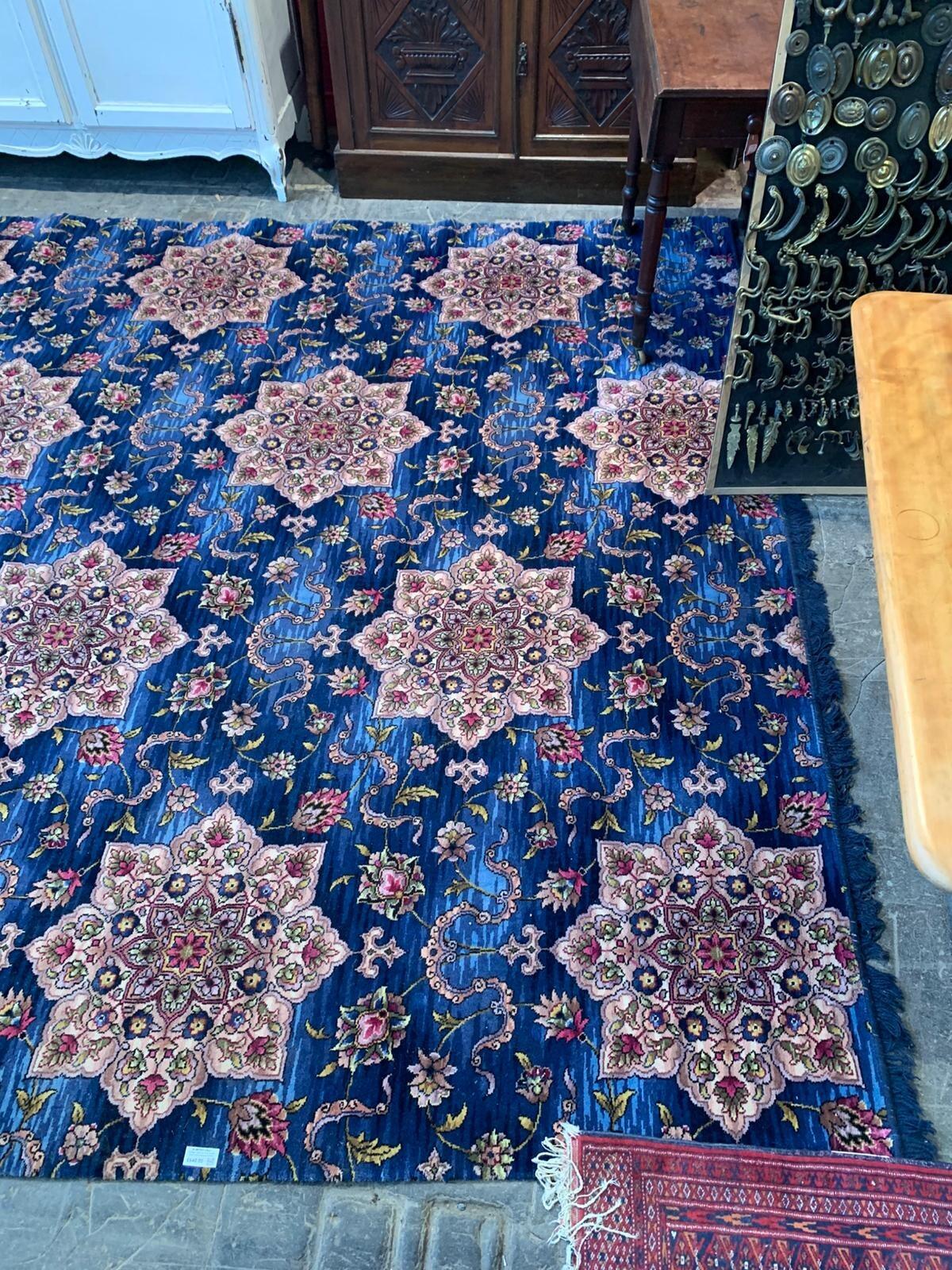 Vintage huge rug navy ground multi colour flowers