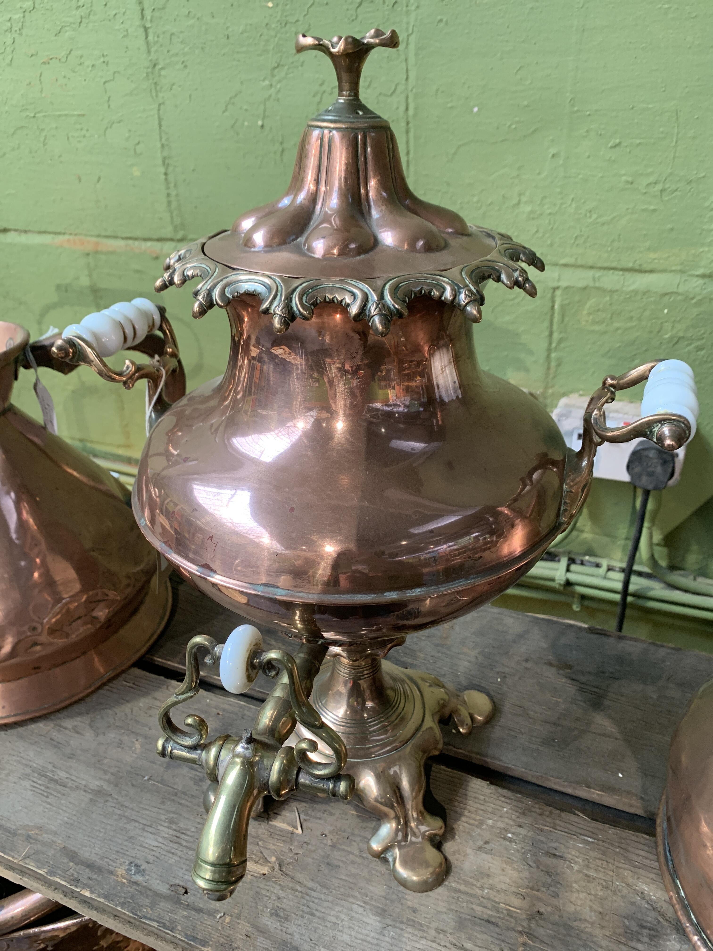 Antique Copper Samovar with Porcelain Handles