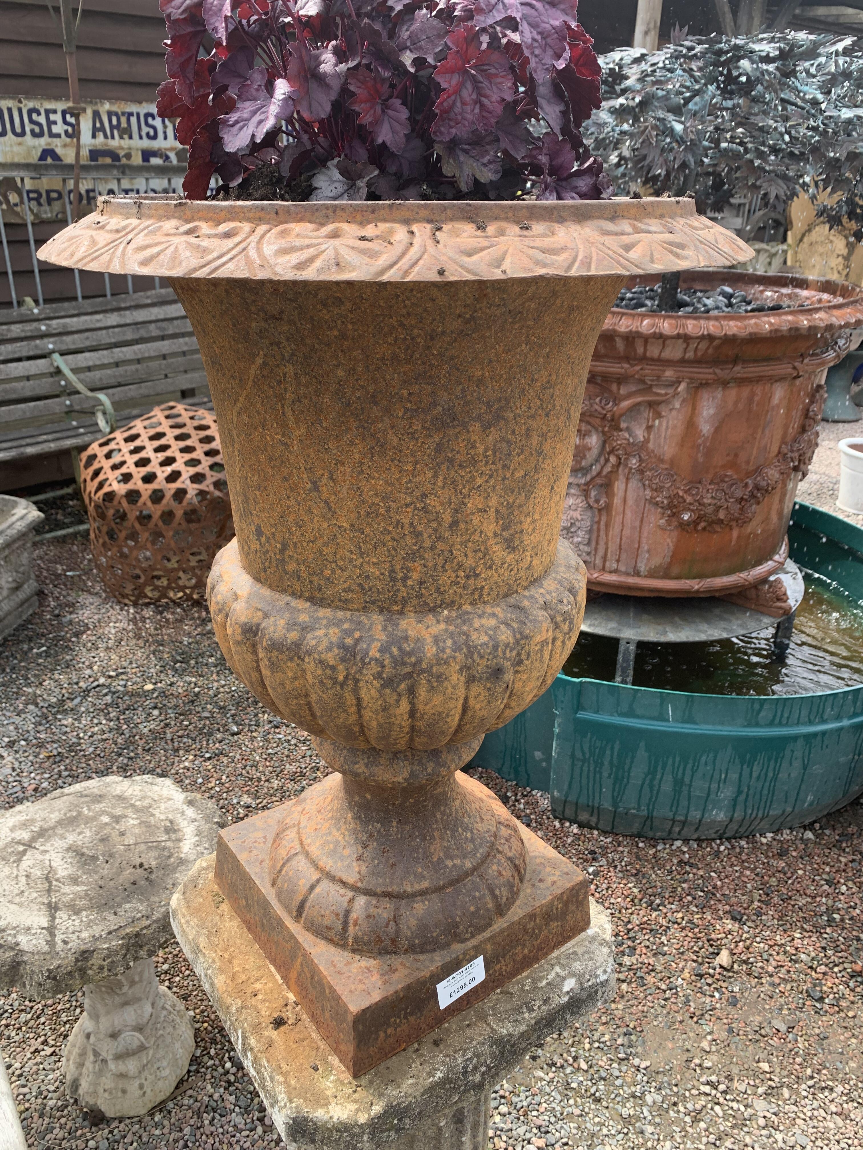 Antique Pair Cast Iron Urns on Decorative Plinths