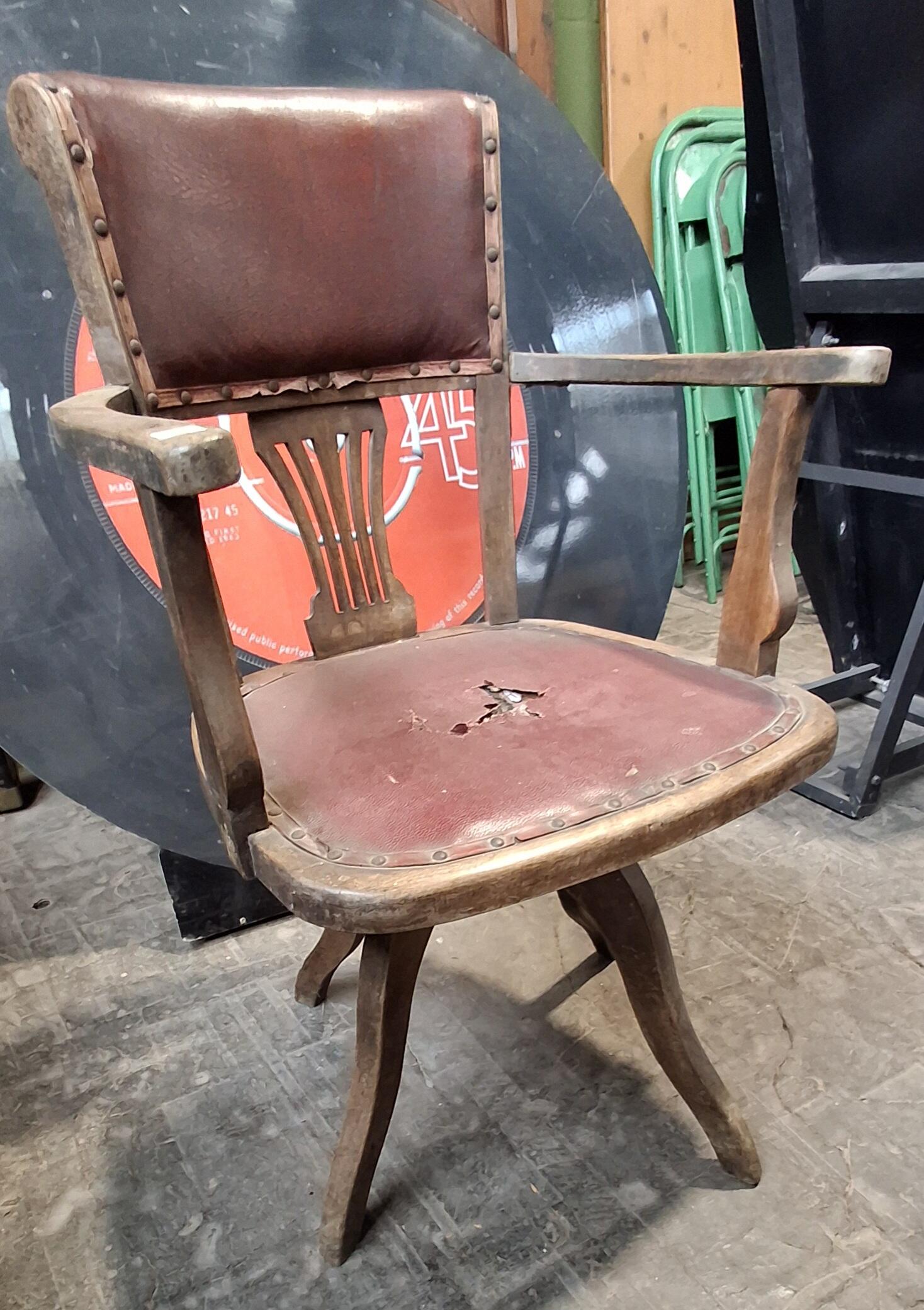 Early 20th Century Wood/Leather Swivel Chair
