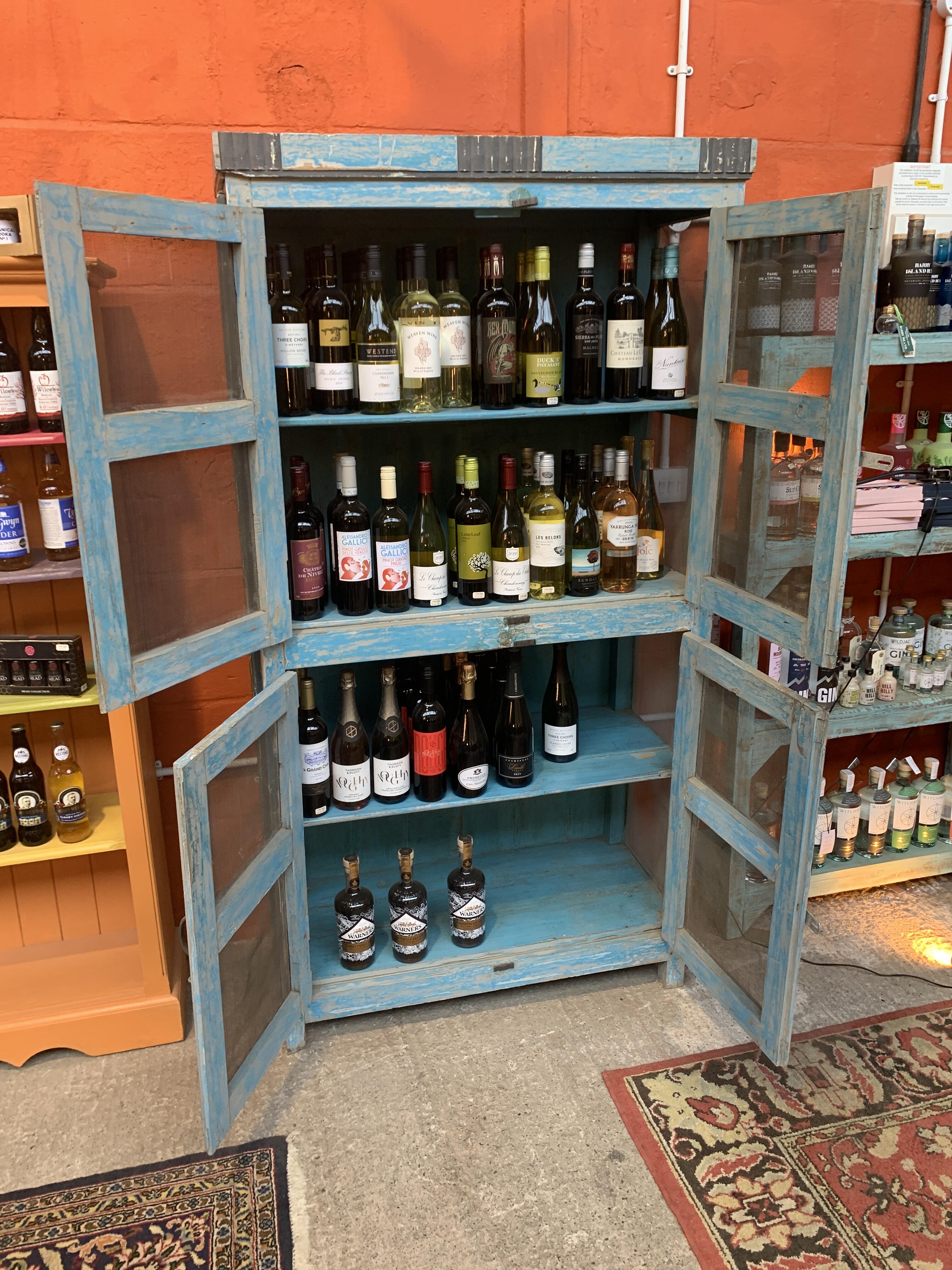 Reclaimed Large Blue Cupboard with Mesh Doors - contents not included