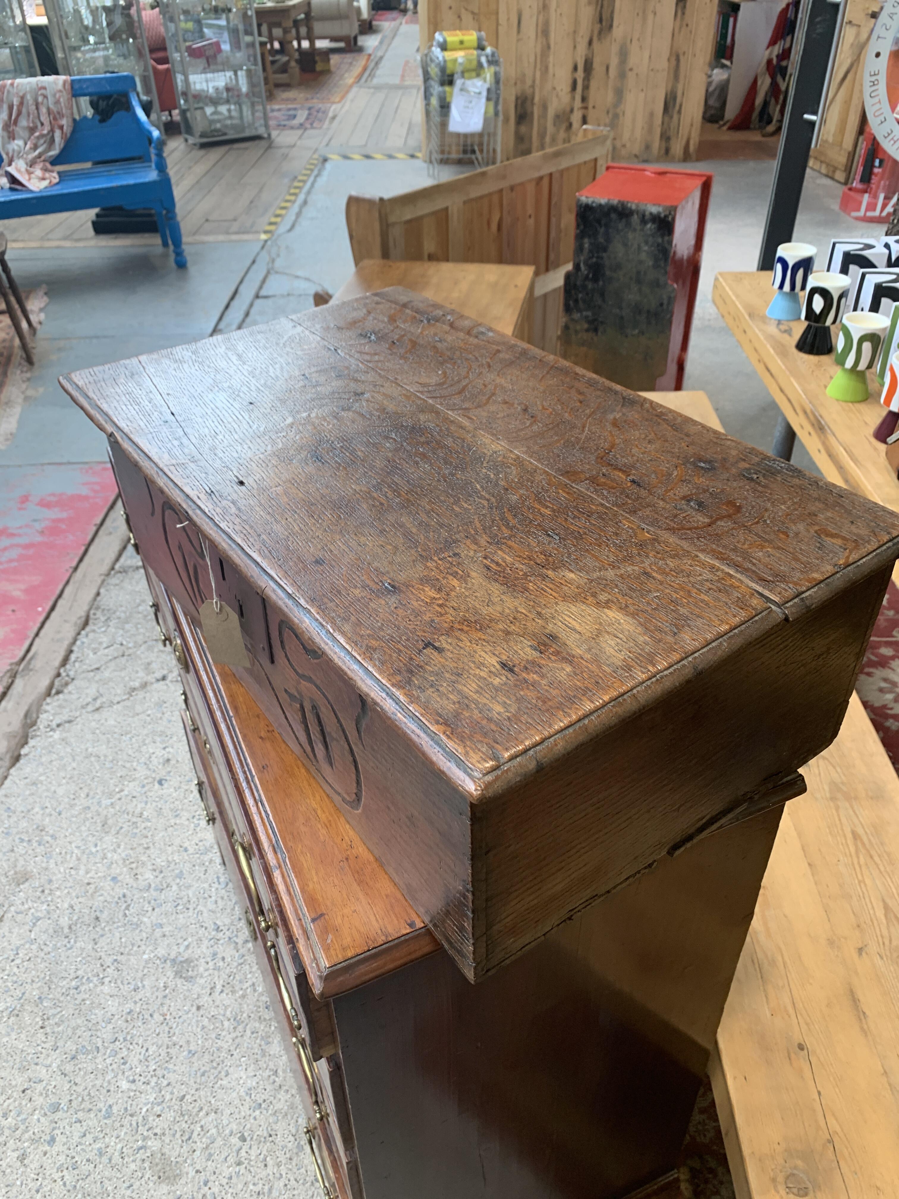 Antique Oak Workbox Engraved 1671