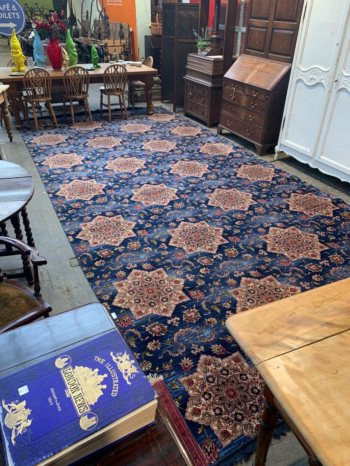 Vintage huge rug navy ground multi colour flowers