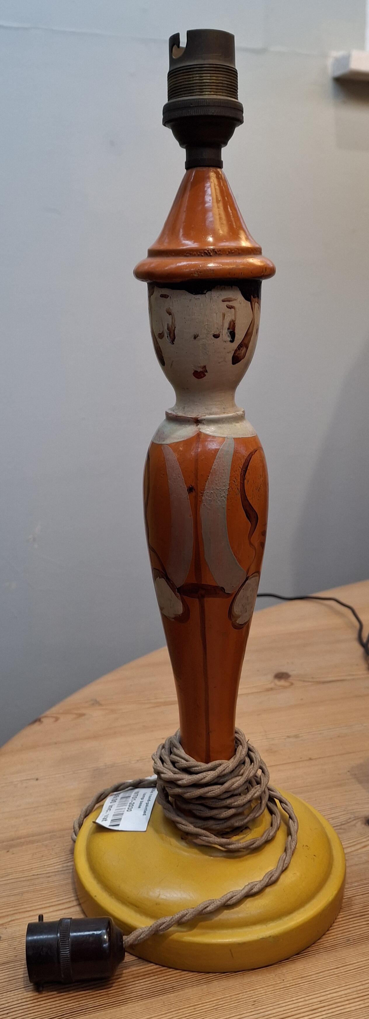 1930s Hand-Painted Wooden Lamp Base, Stylised Boy