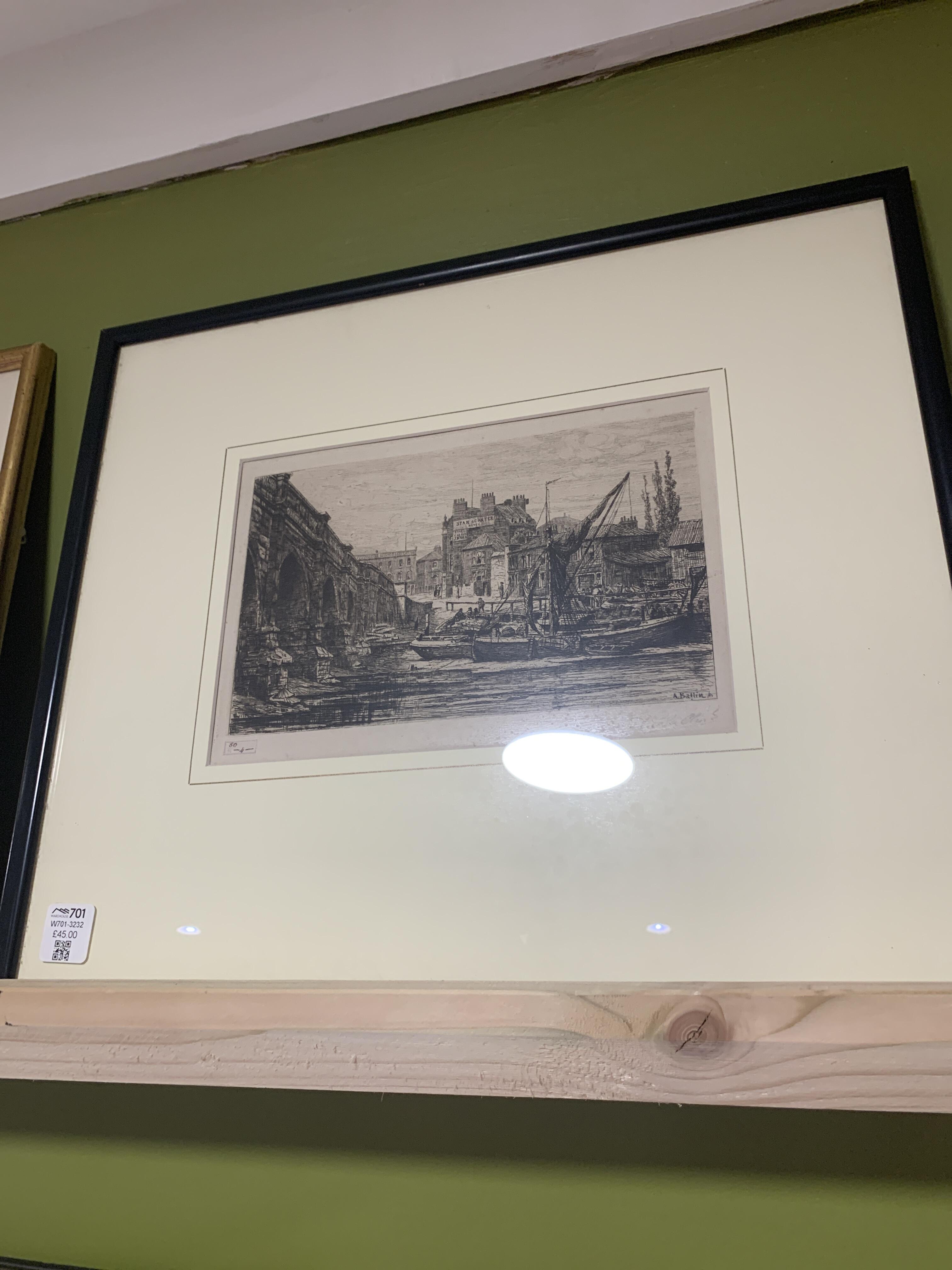Antique Ballin Etching of the Thames, 1880