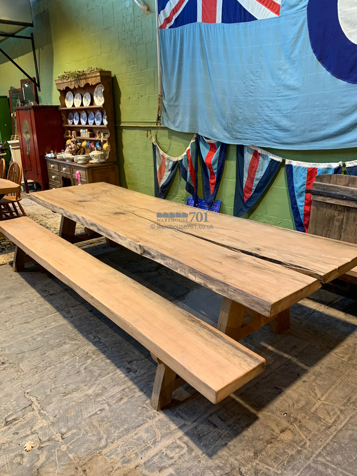 701 Original 3.5m single oak slab table with matching bench