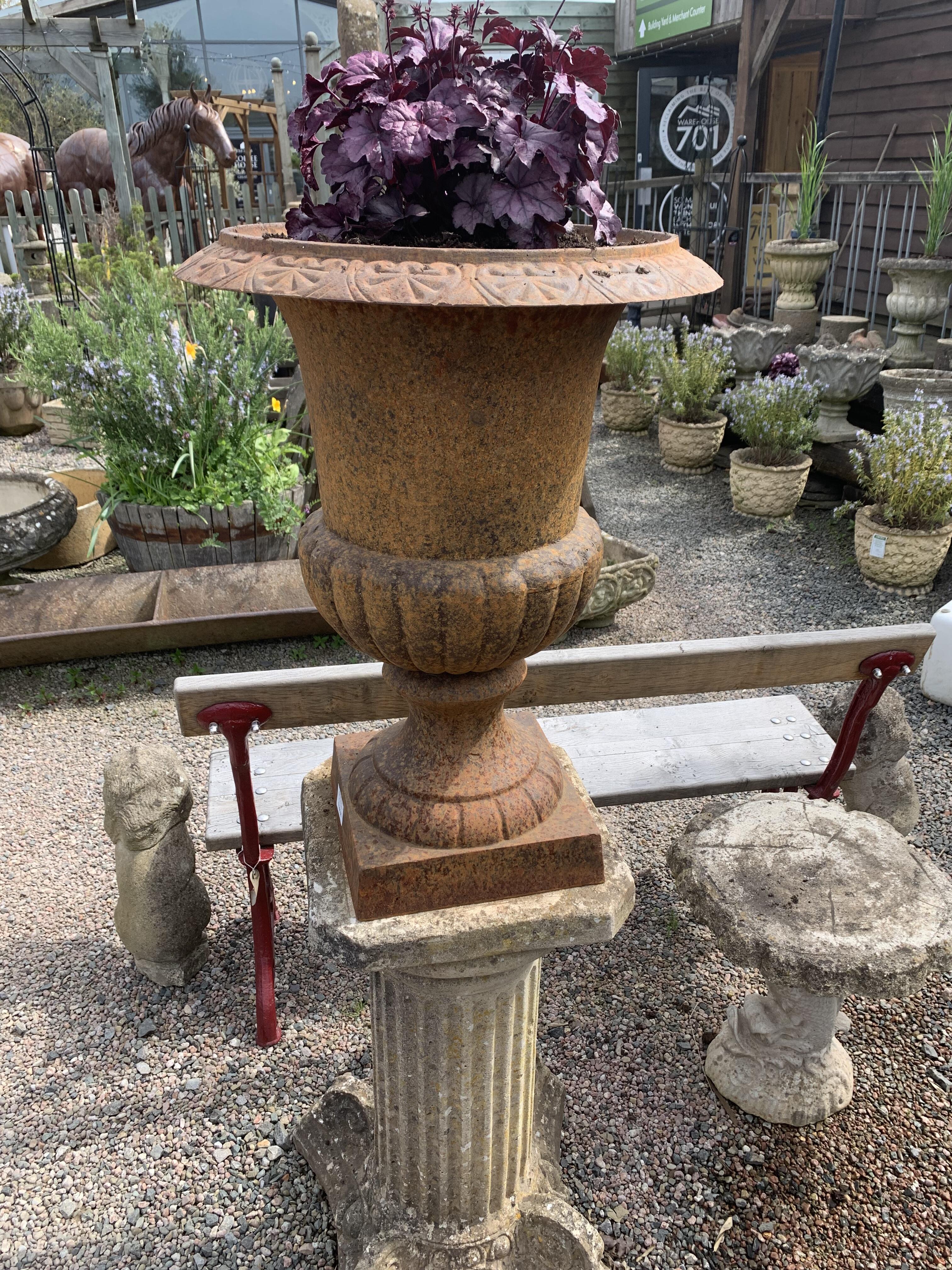 Antique Pair Cast Iron Urns on Decorative Plinths