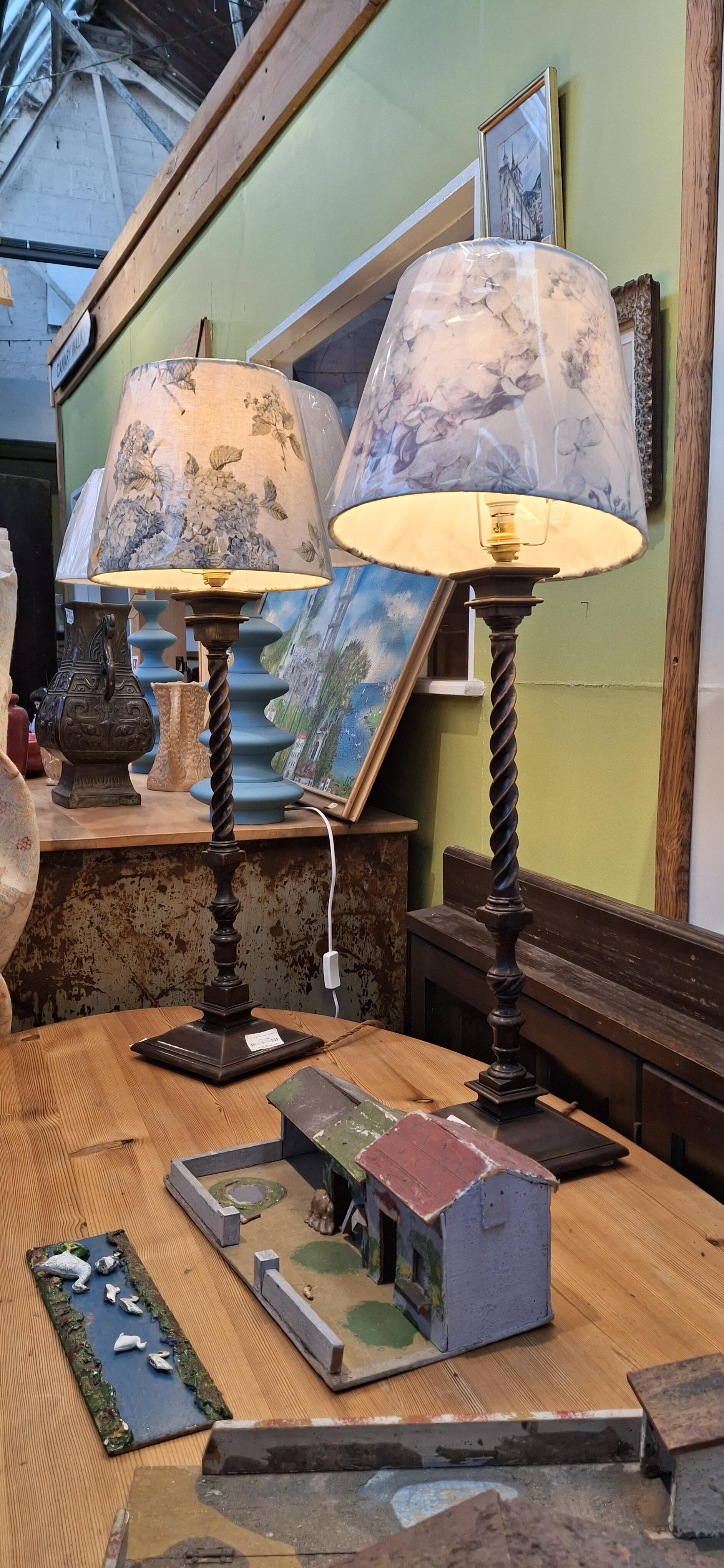Pair of Hardwood Barley Twist Luminaires