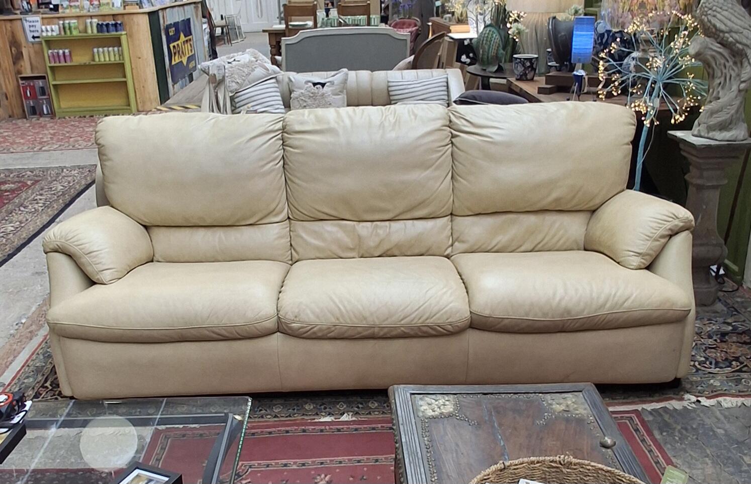Classic Cream Leather Three Seater Sofa