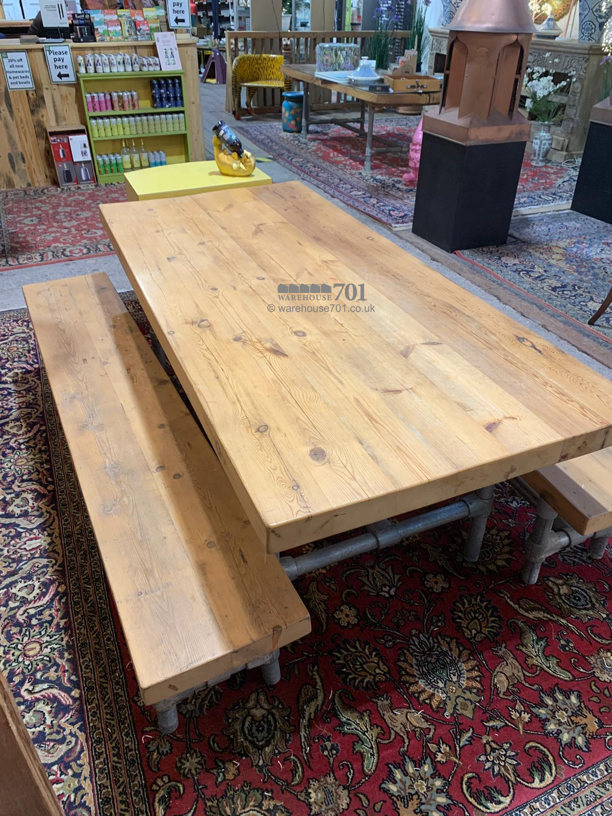 701 Original Large wooden table and benches with scaffold legs