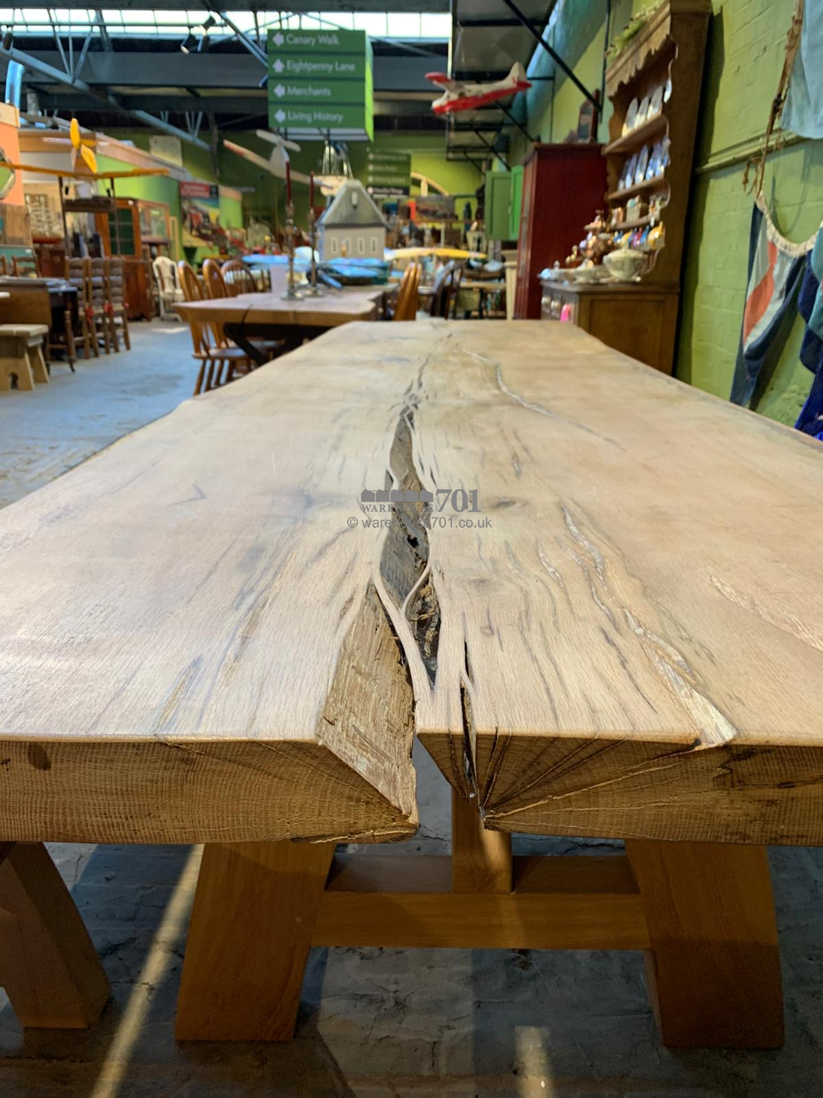 701 Original 3.5m single oak slab table with matching bench