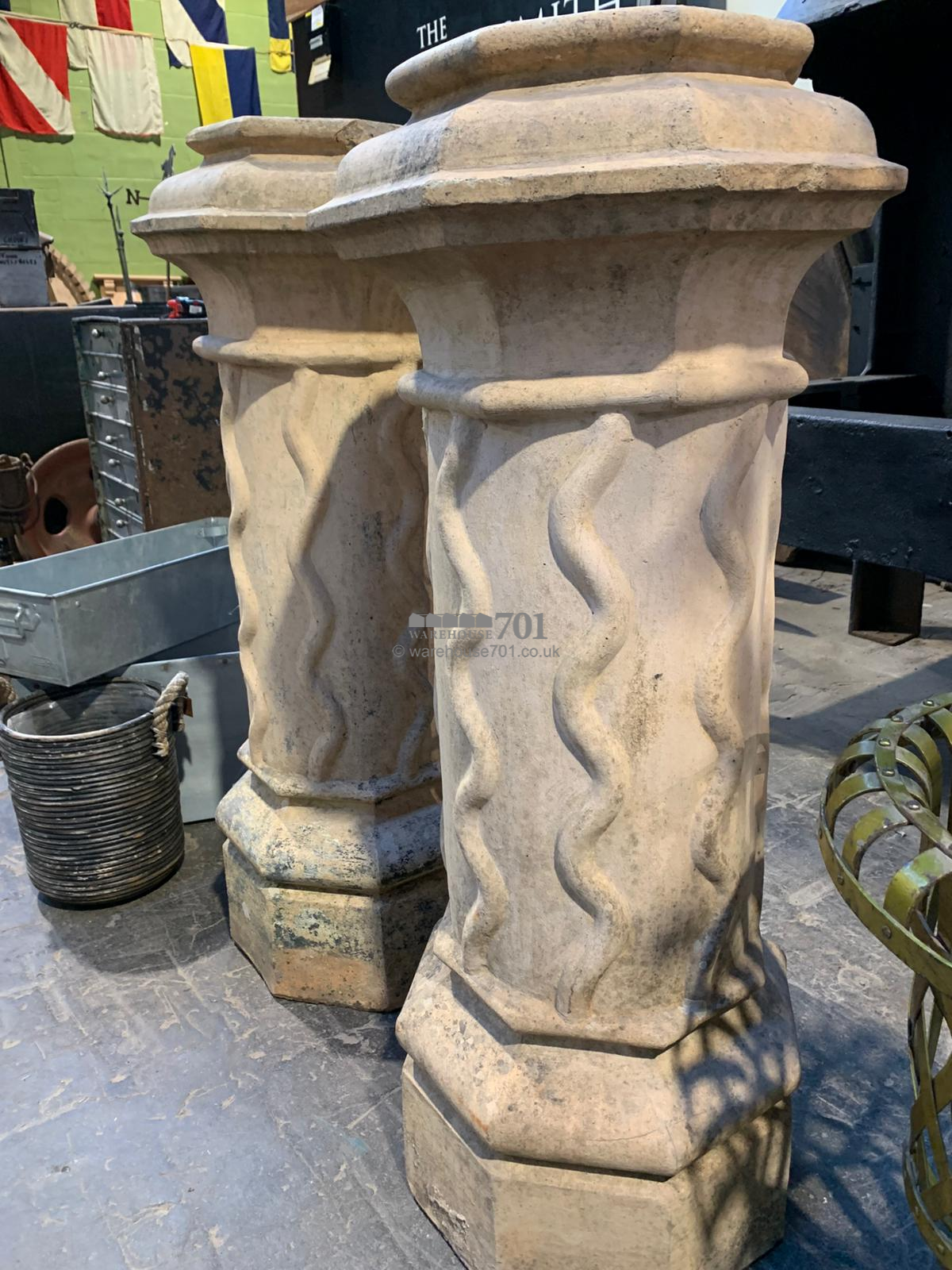 Pair of buff decorative pair of chimney pots