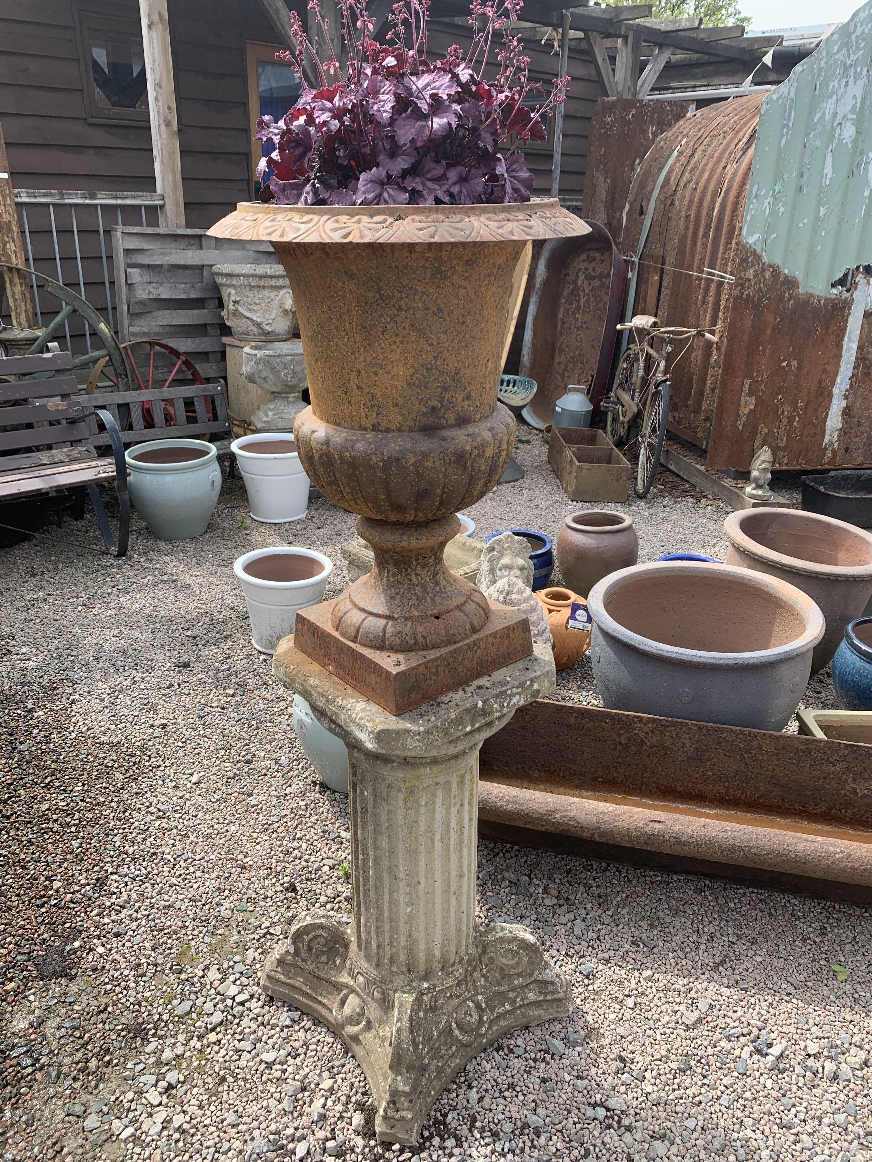 Antique Pair Cast Iron Urns on Decorative Plinths