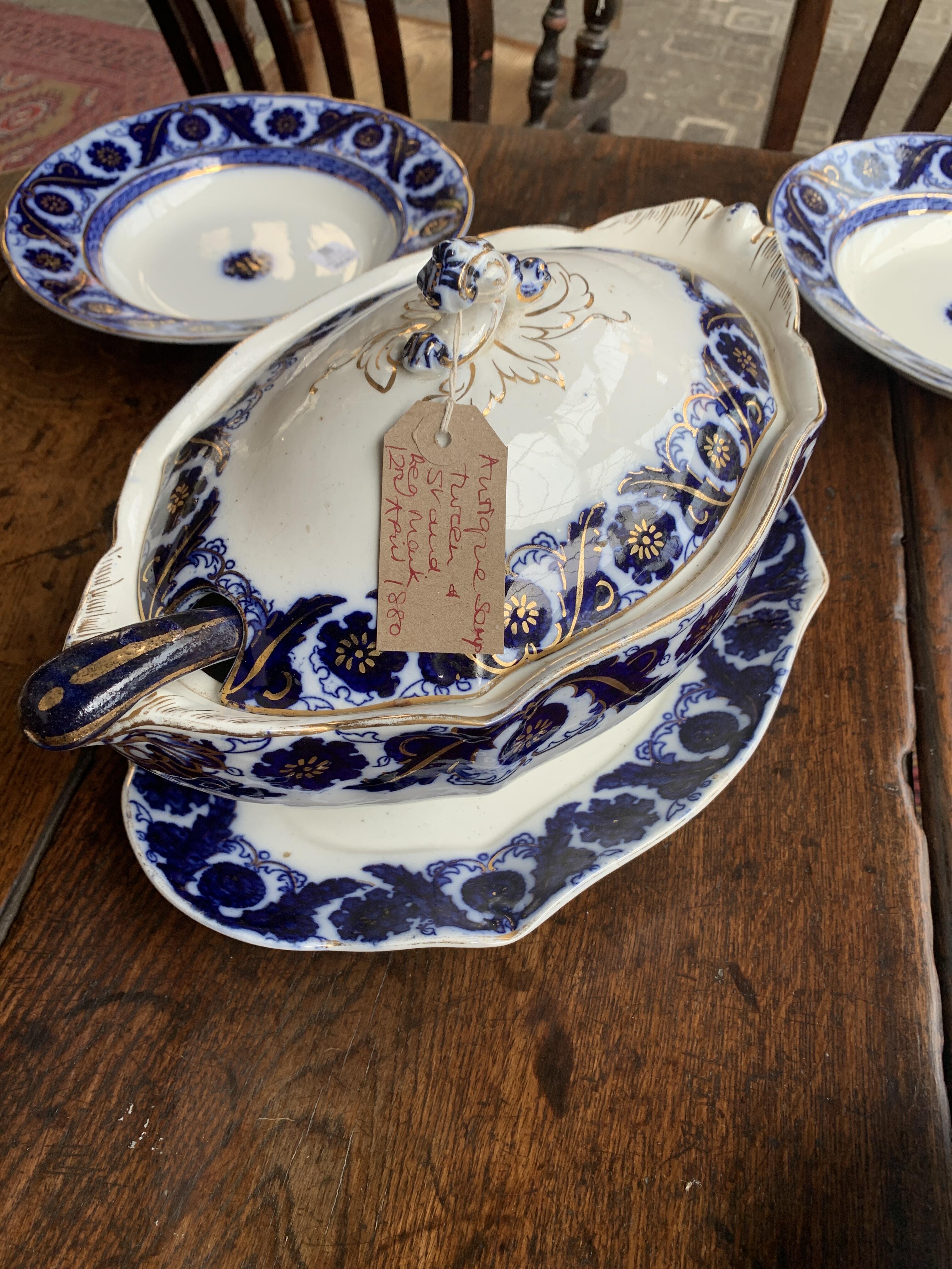 Antique Blue & White Soup Tureen with Stand, 1880