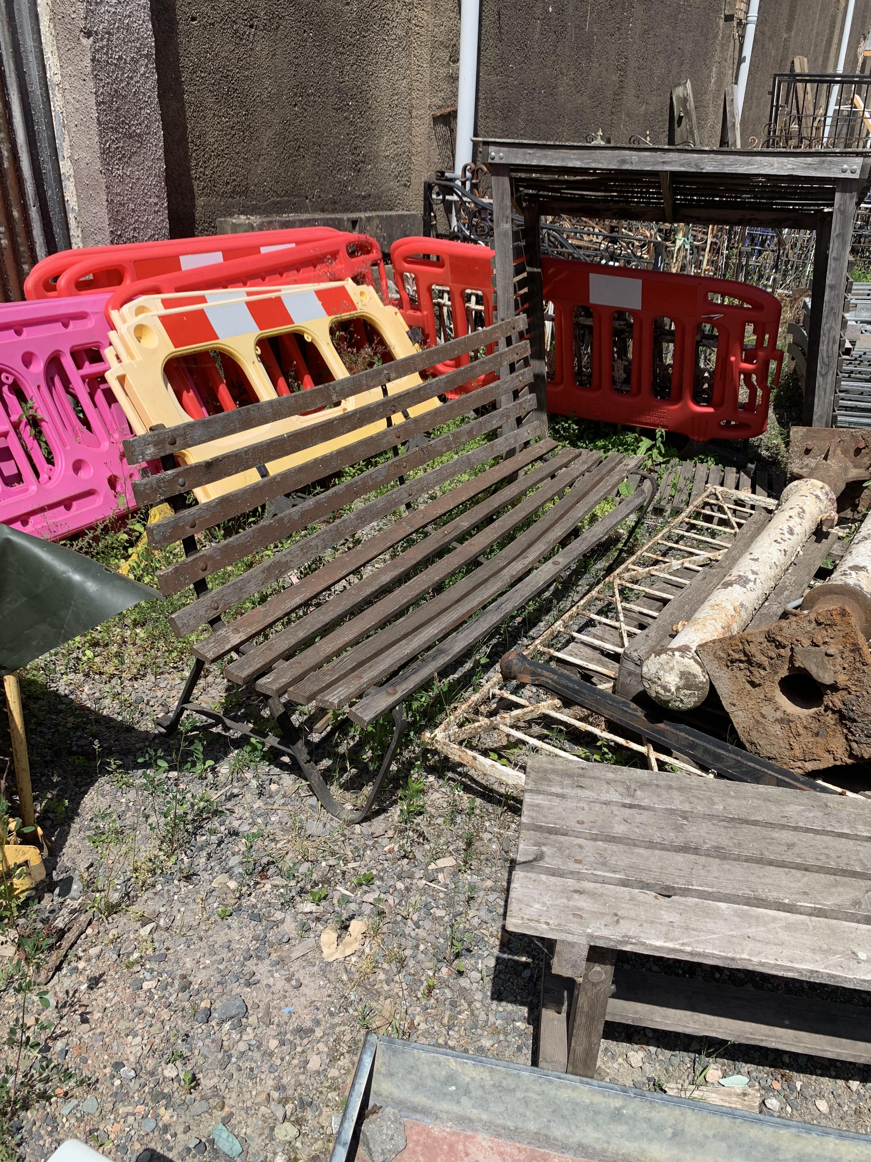 Vintage Slat Bench with Wrought Iron Frame