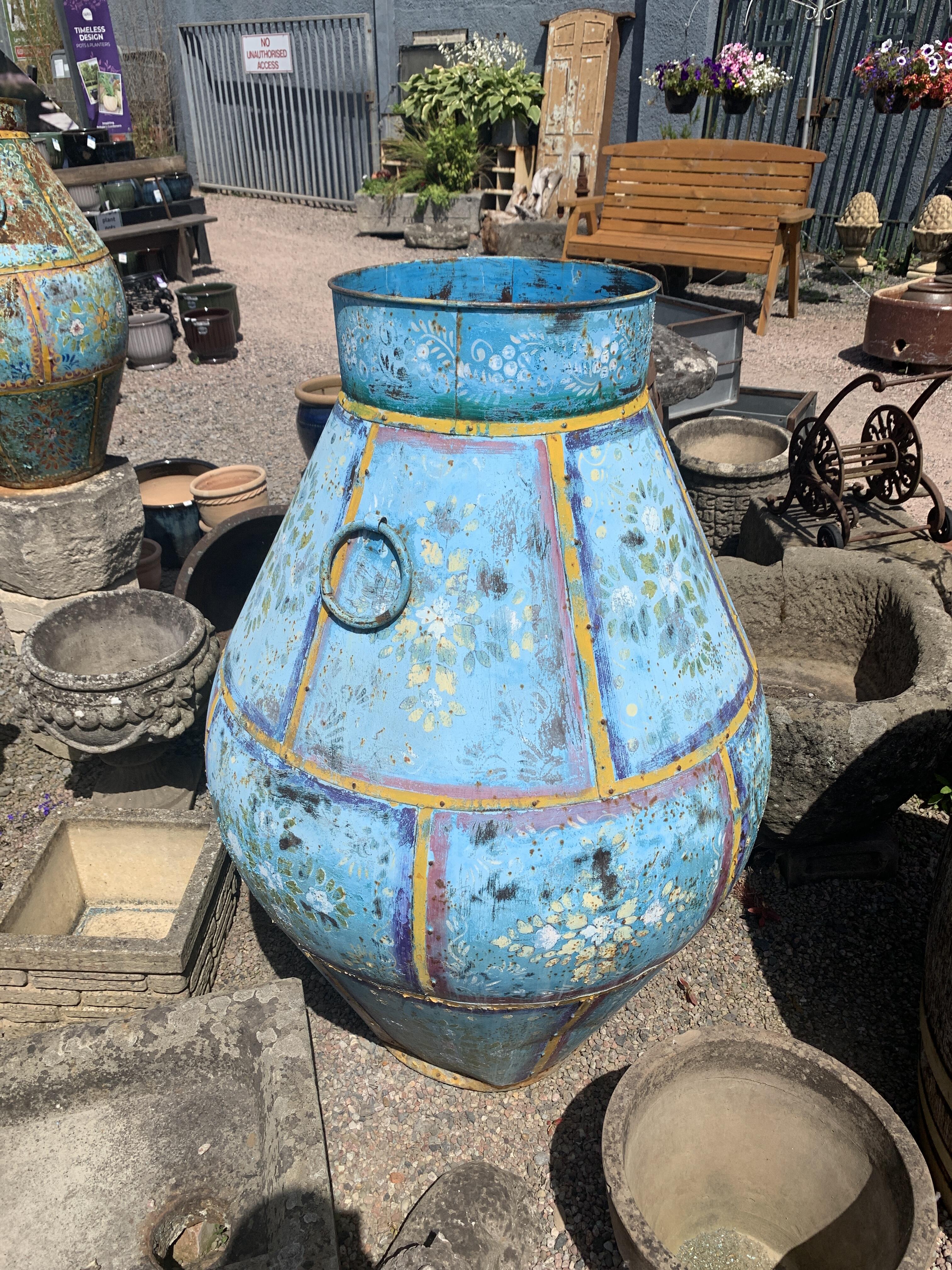 Large Painted Blue Pot with Floral Motifs