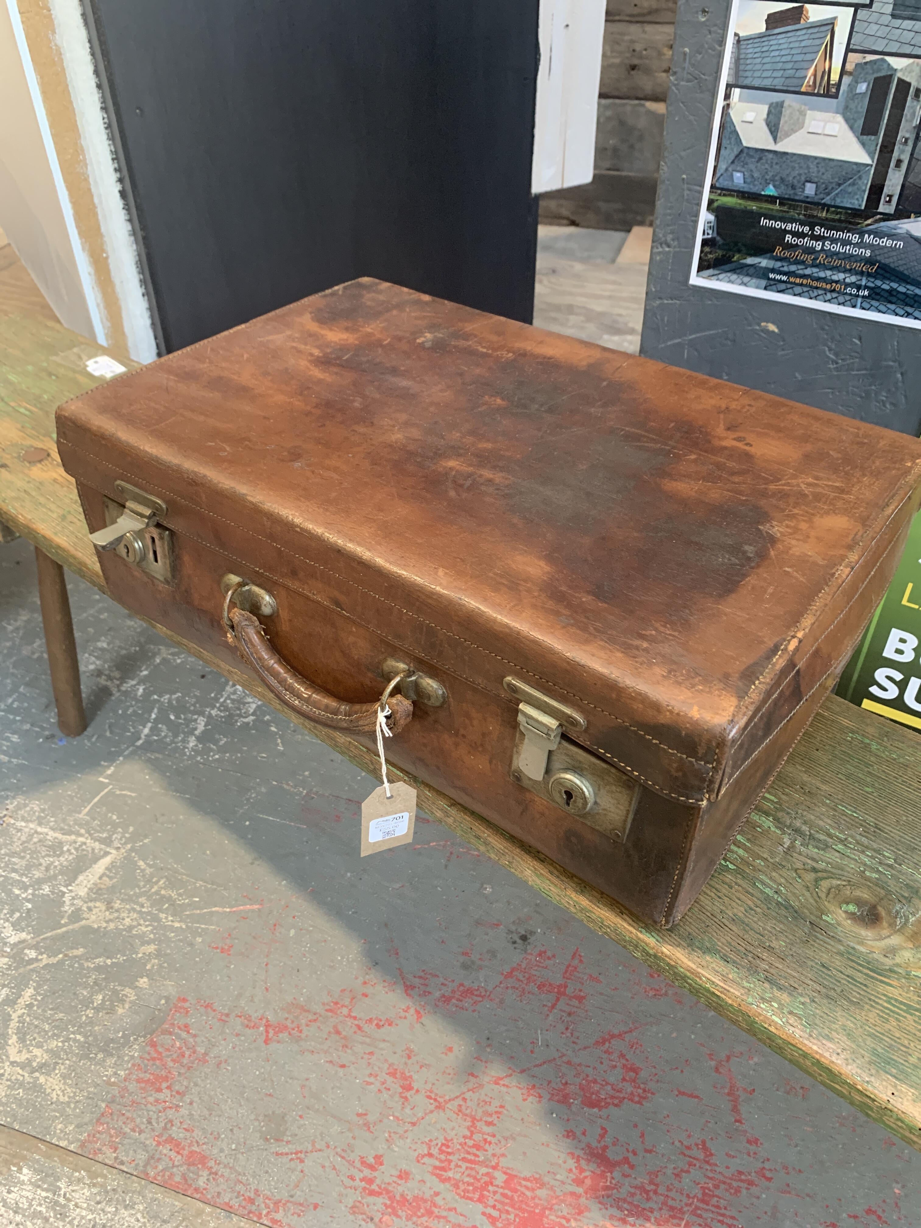 Vintage Leather Suitcase with Blue Silk Lining & Key