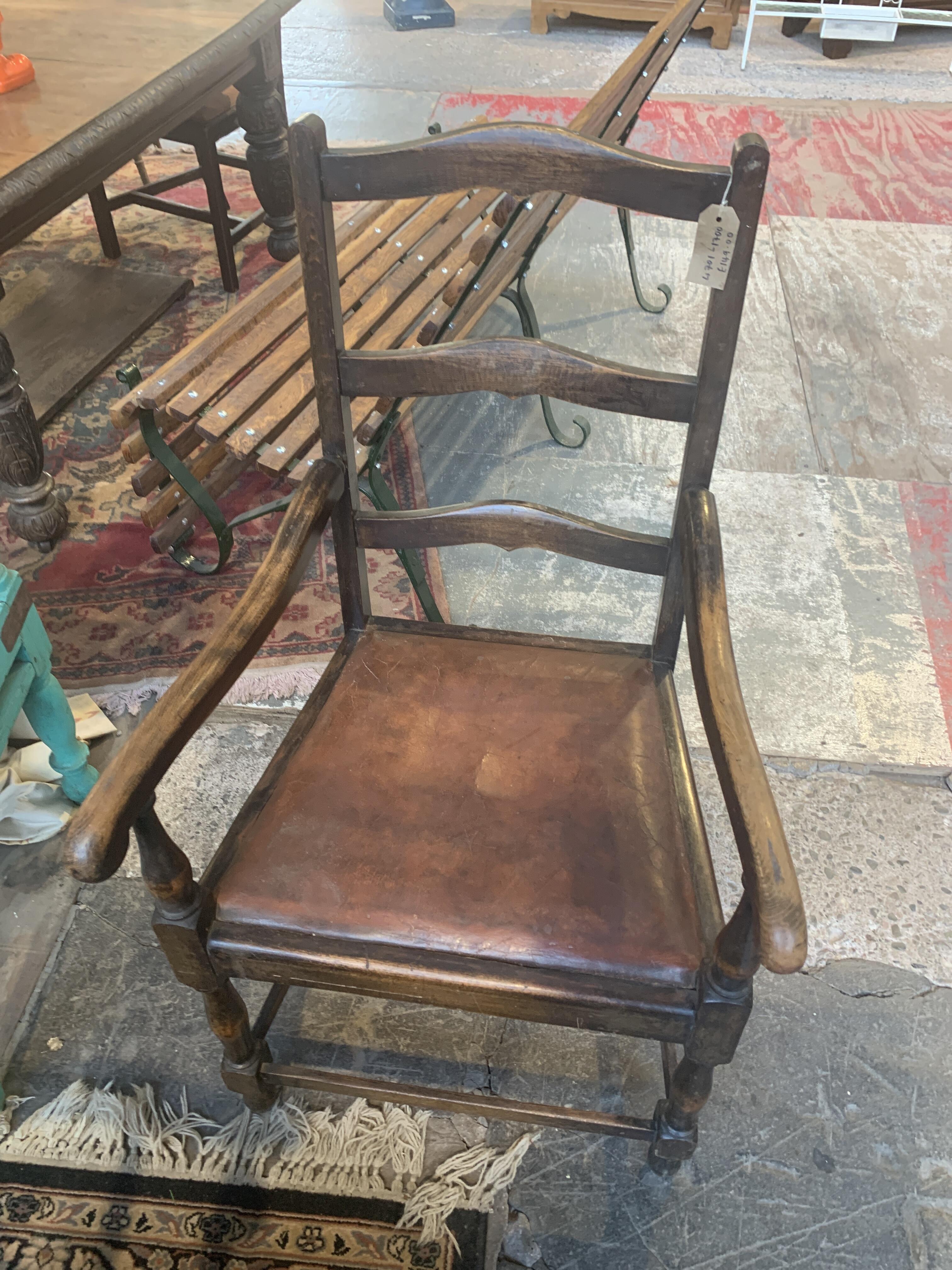 Reclaimed Ladder Back Chair with Leather Seat