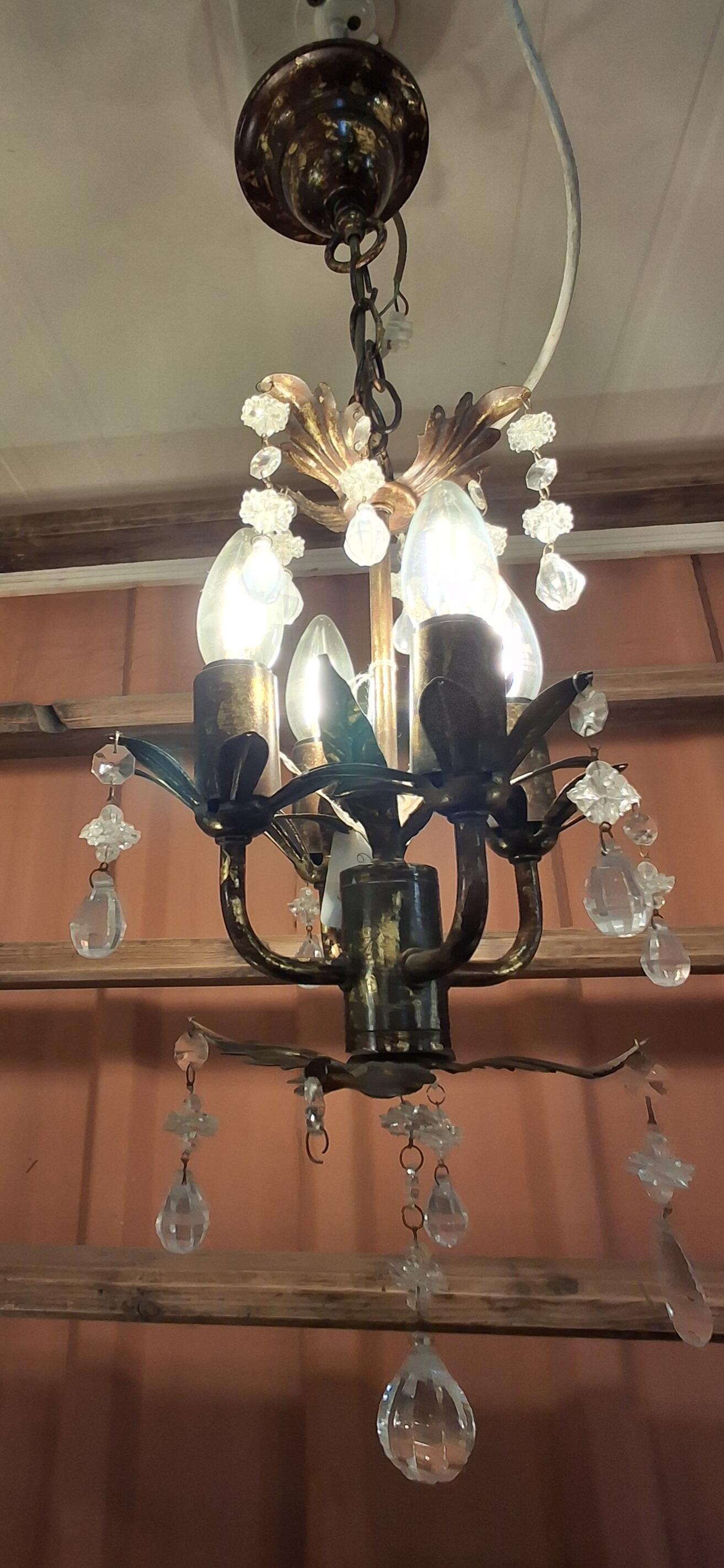 Gilt 5 Branch Electrolier with Glass Drops & Shades