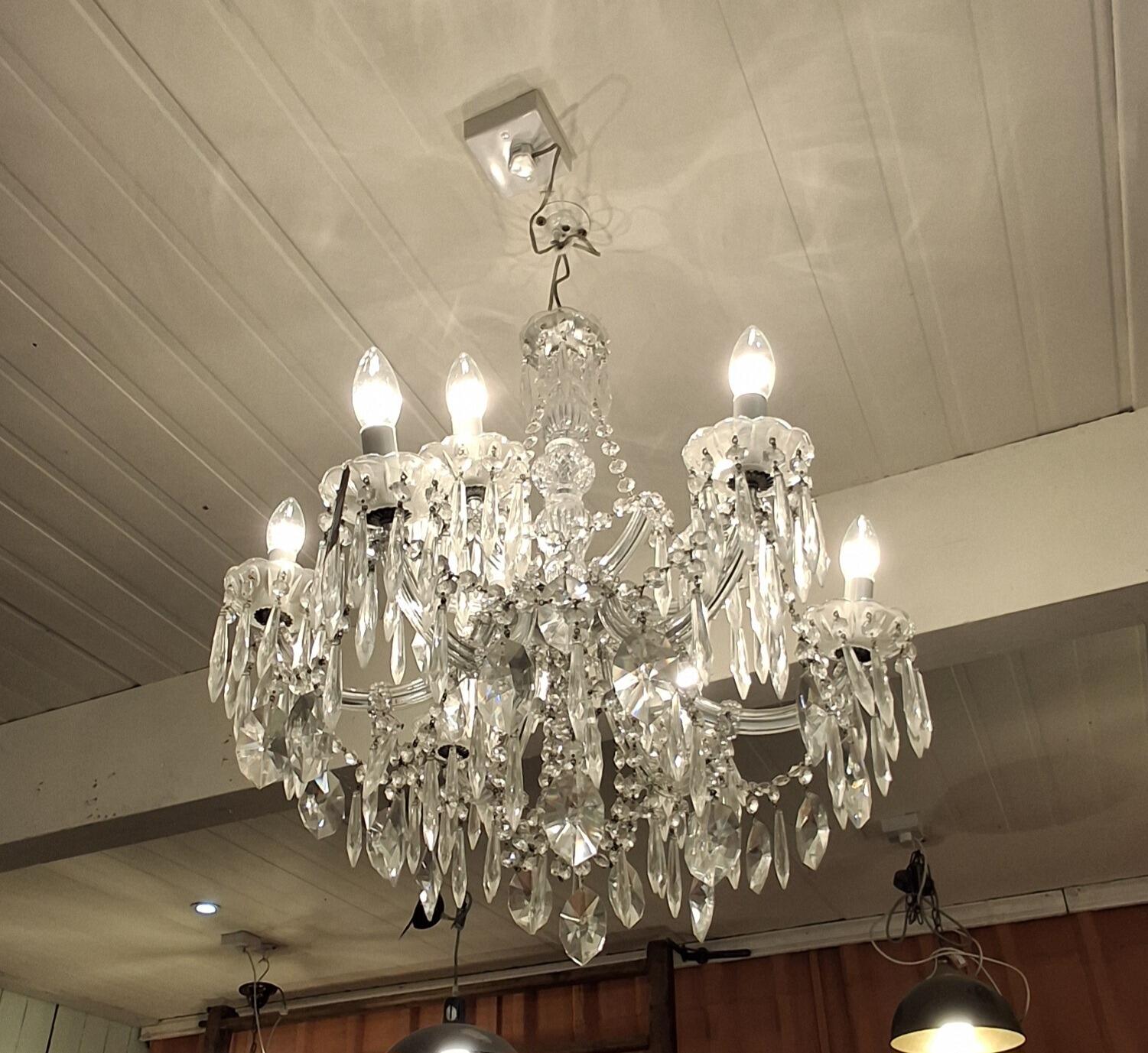 Elegant Cut Glass Chandelier with Crystal Drops