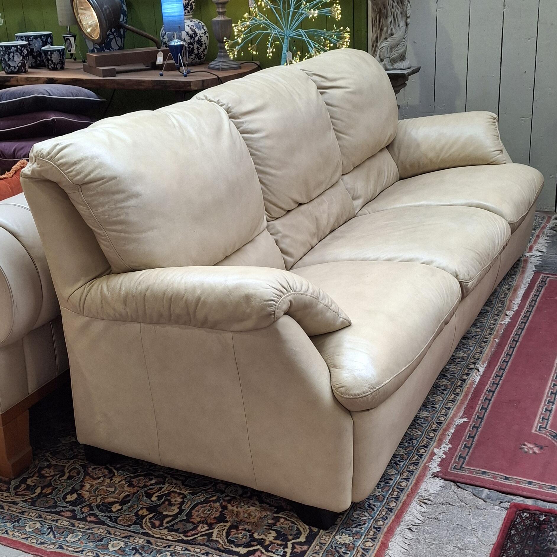 Classic Cream Leather Three Seater Sofa