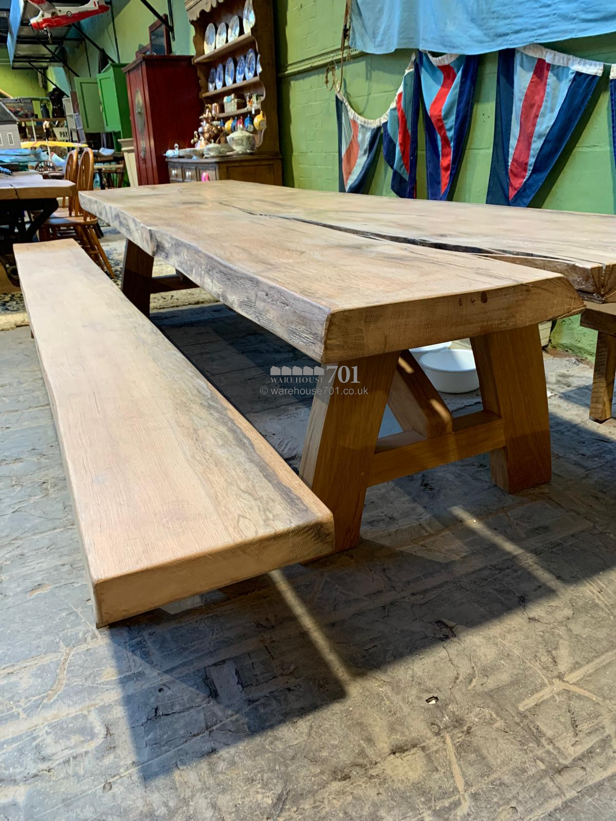 701 Original 3.5m single oak slab table with matching bench