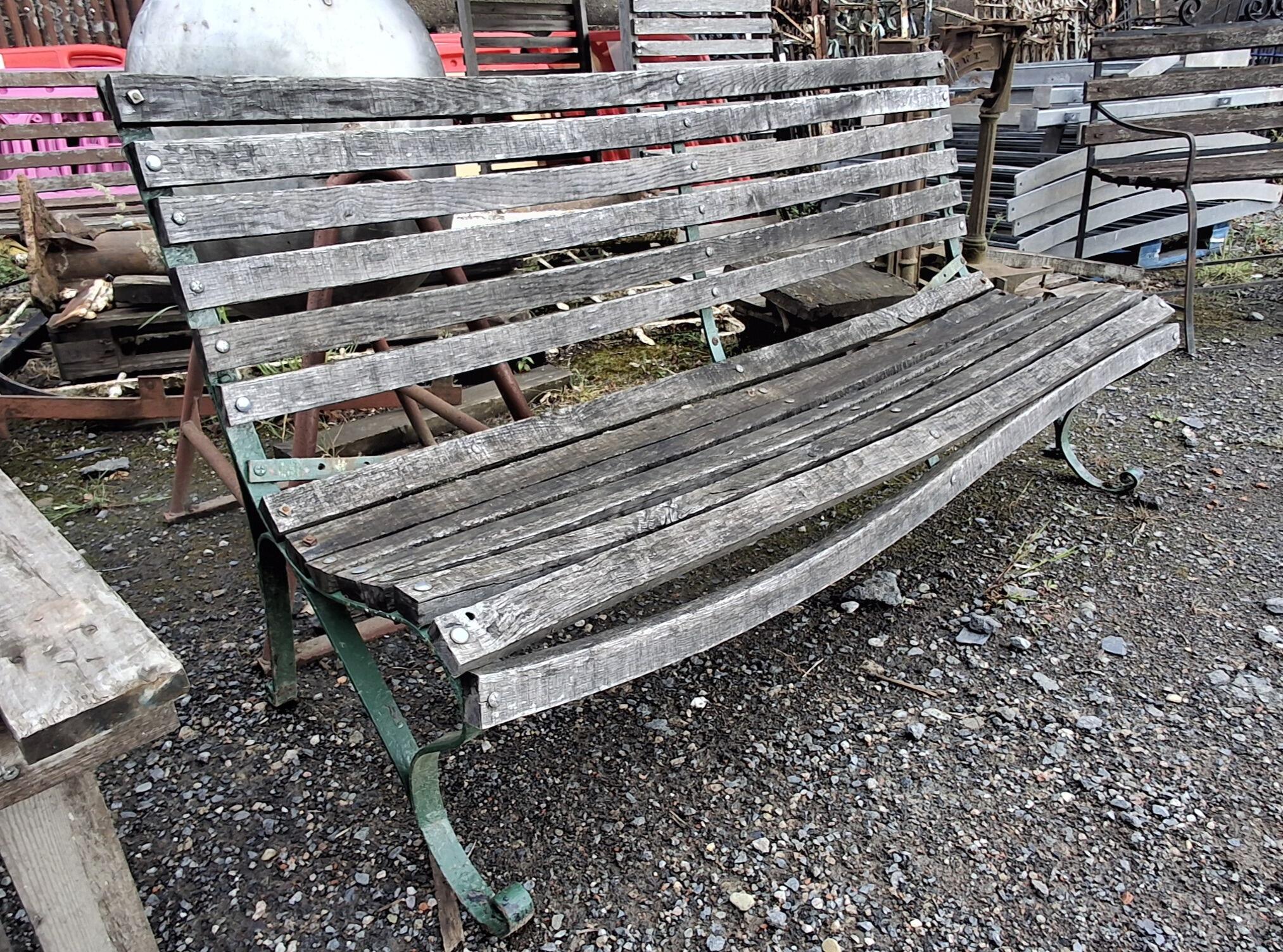 Vintage Wrought Iron Green Garden or Park Bench with Wood Slats