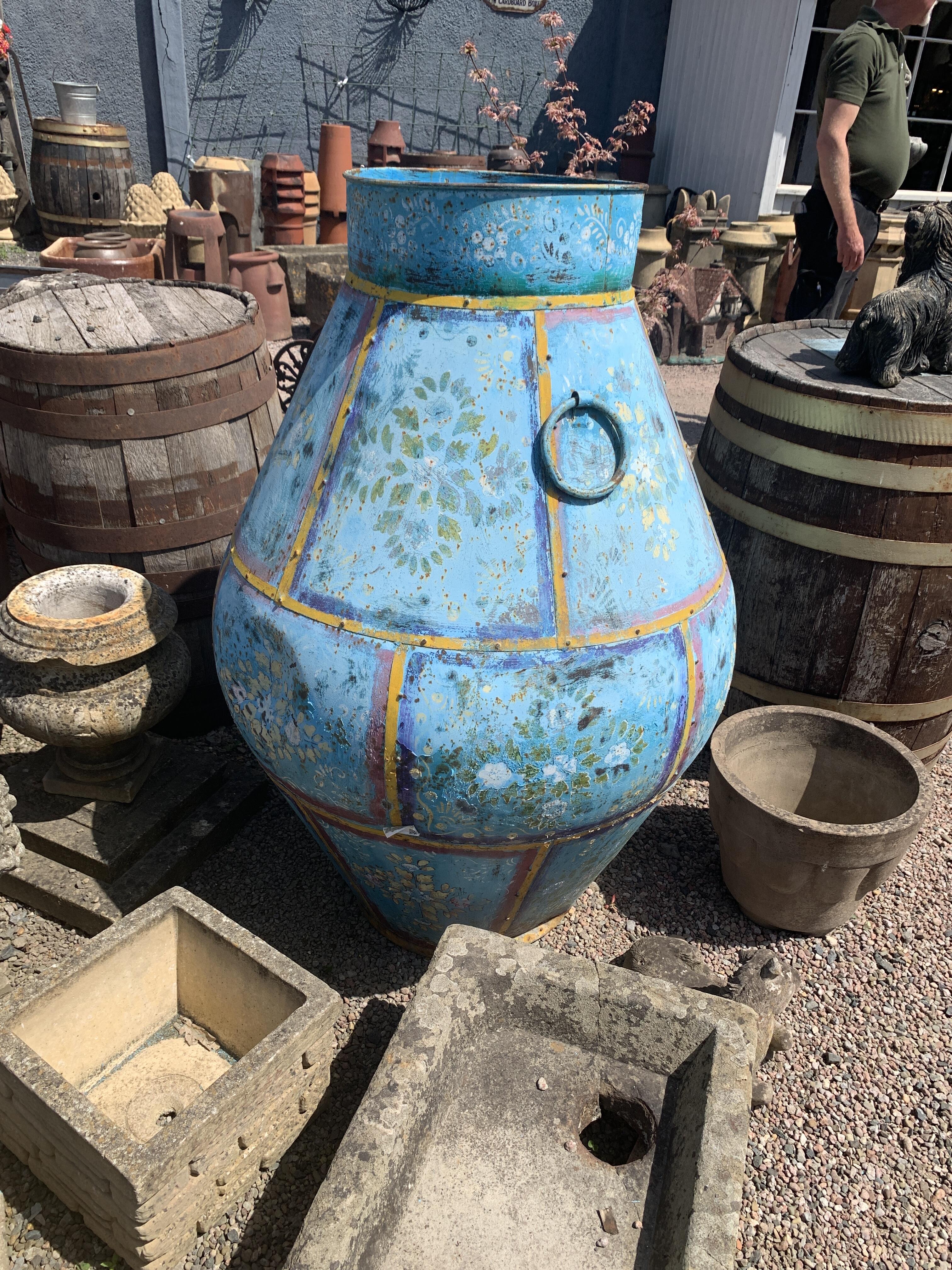 Large Painted Blue Pot with Floral Motifs