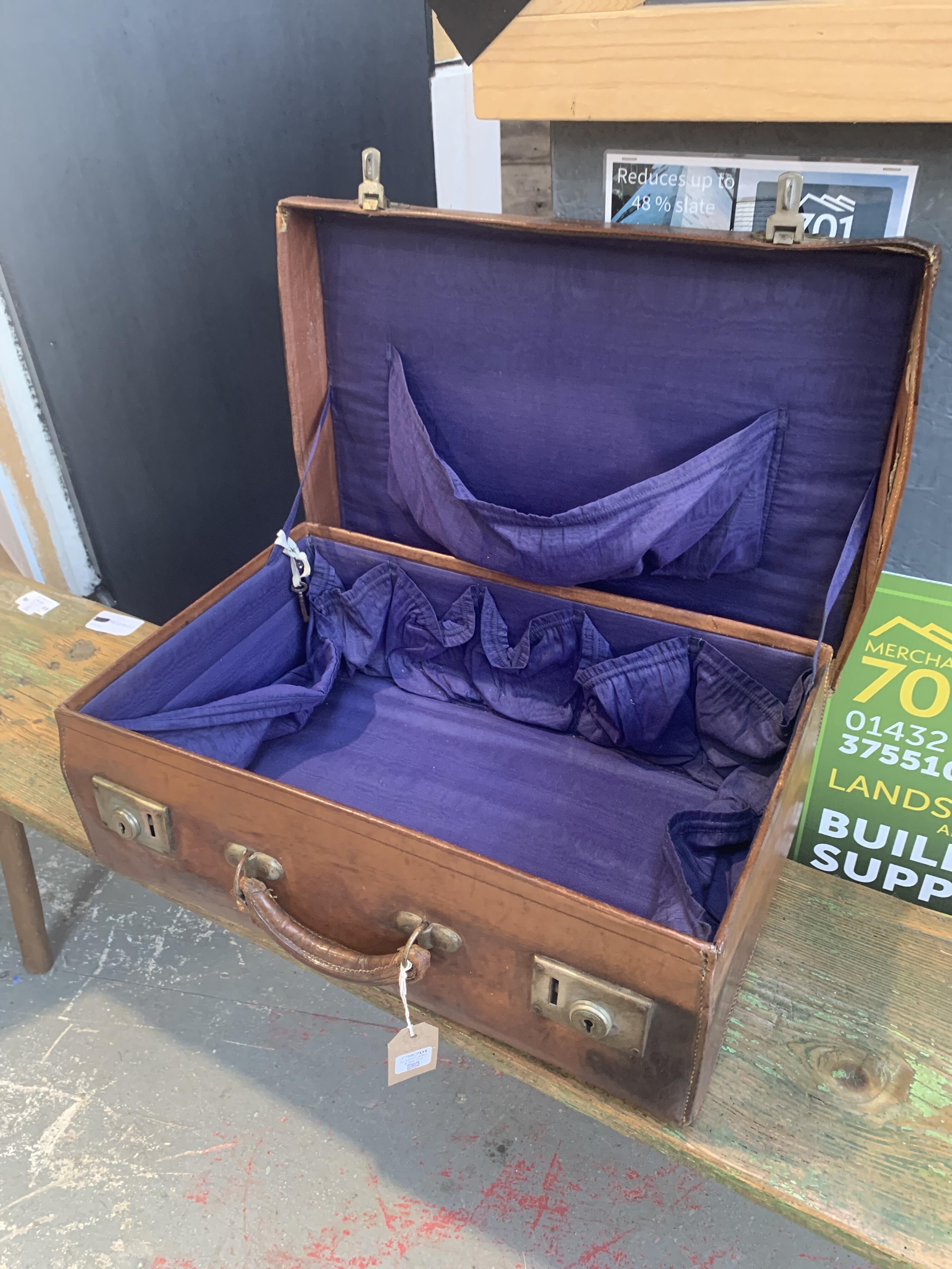 Vintage Leather Suitcase with Blue Silk Lining & Key
