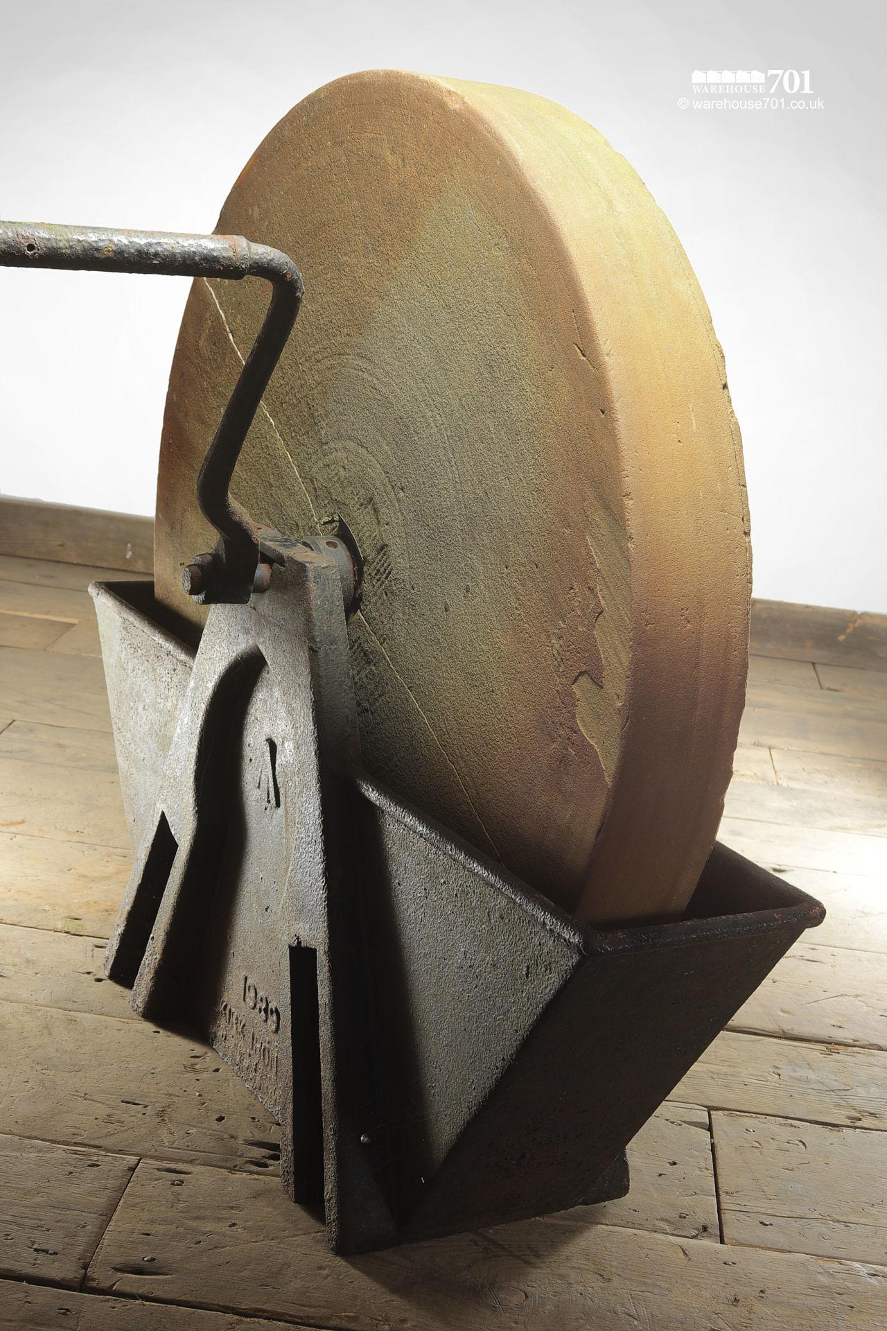 Large Old Wet Stone or Sharpening Wheel with Crank Handle and Iron