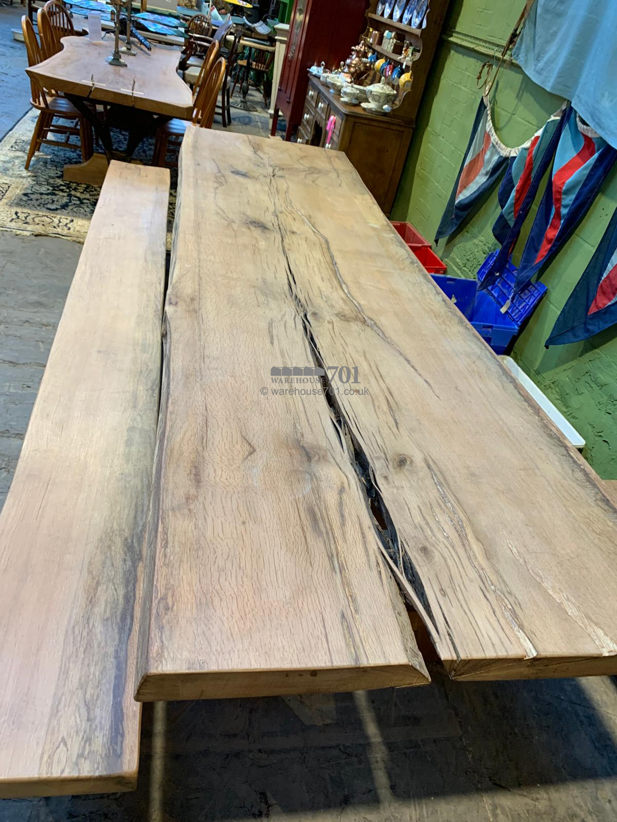 701 Original 3.5m single oak slab table with matching bench